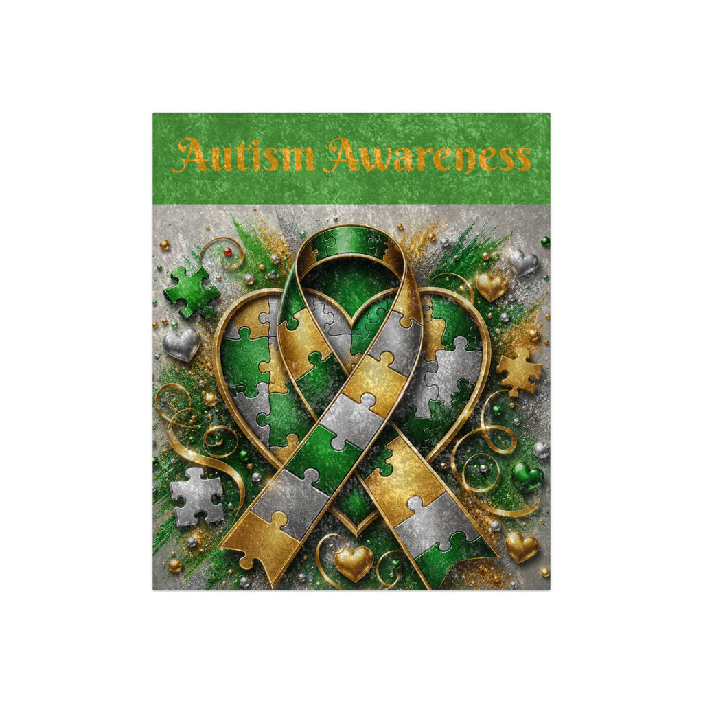 Autism Awareness Crushed Velvet Blanket — Green & Gold Puzzle Ribbon Throw