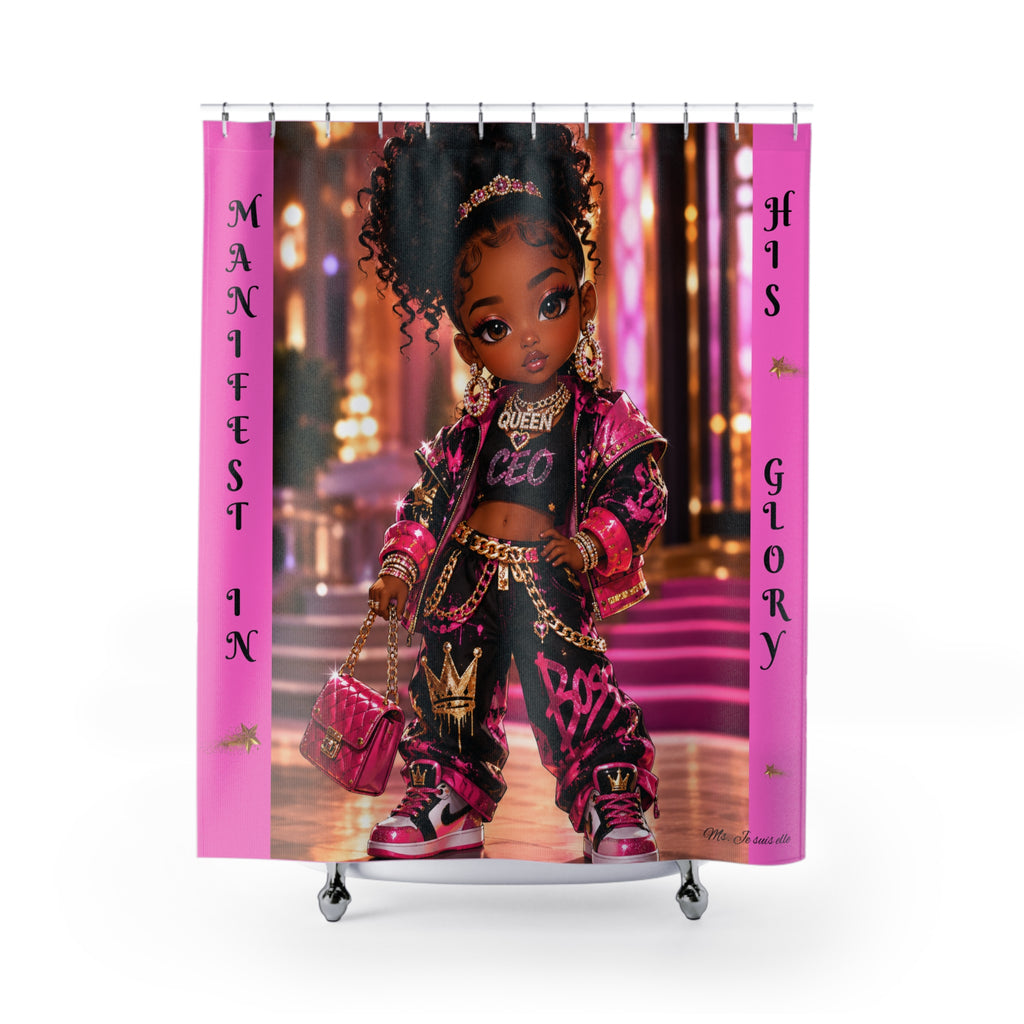 Queen CEO Girl Shower Curtain — "Manifest in His Glory" Urban Doll Bathroom Decor