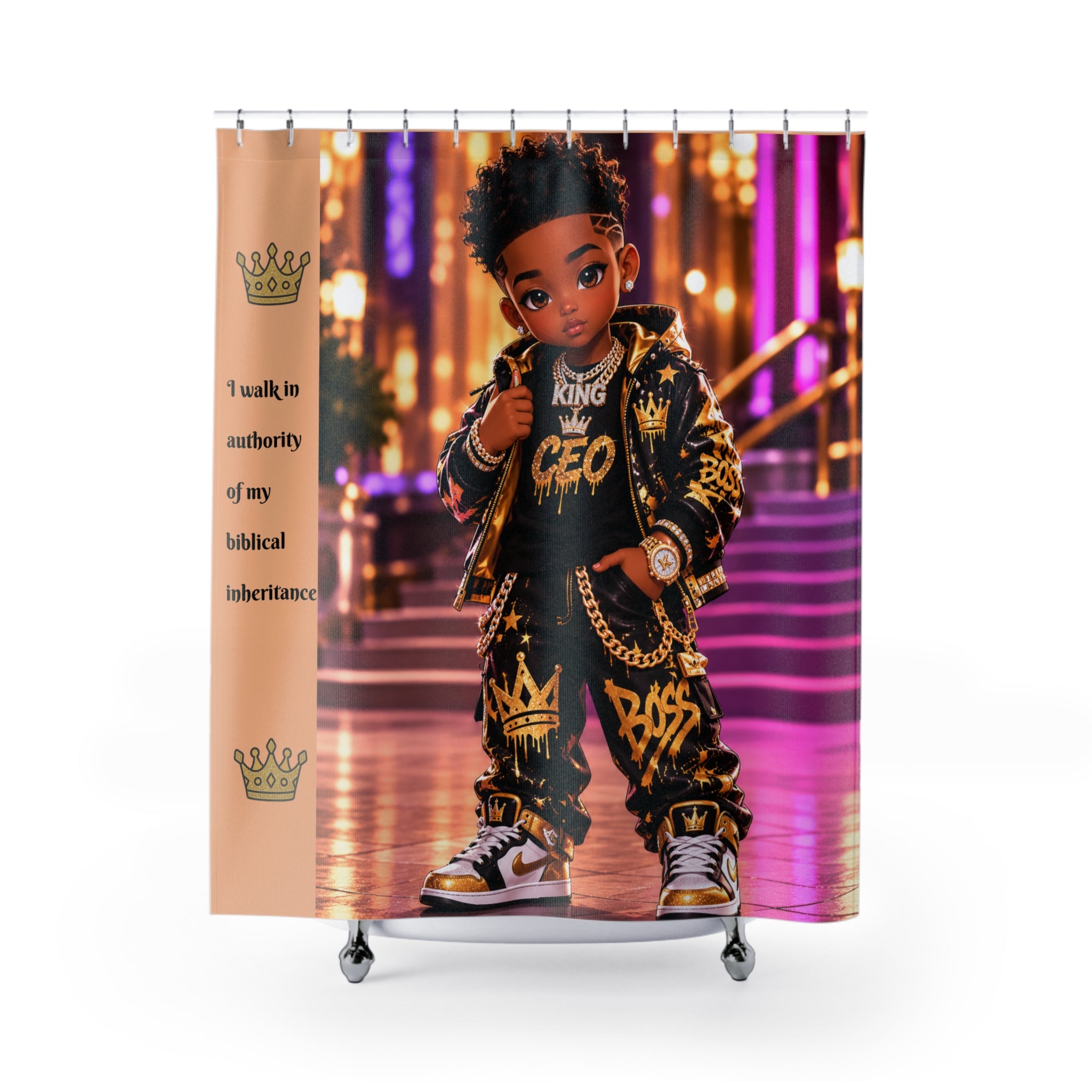 Shower Curtain — 'King CEO' Urban Kids Bathroom Decor (I walk in authority of my biblical inheritance)