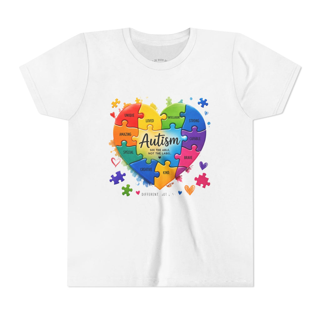 Autism Puzzle Heart Youth Tee — “Different Minds, Beautiful Hearts” Awareness Shirt