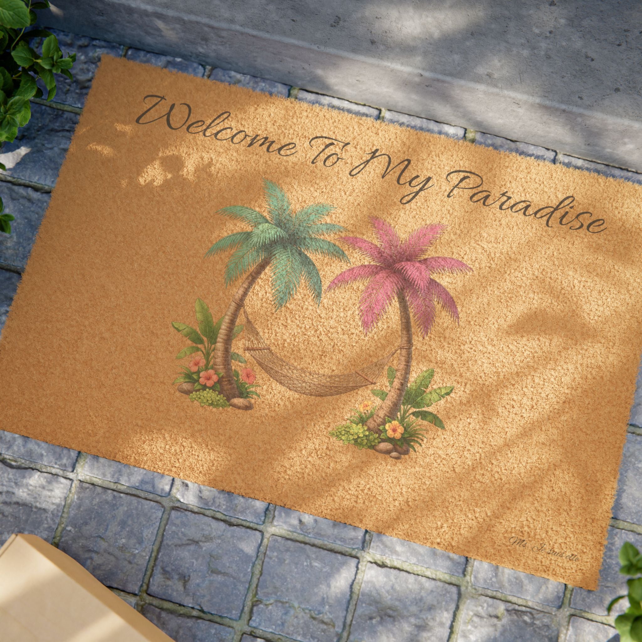 Welcome To My Paradise Doormat — Tropical Palm Tree Coir Welcome Mat