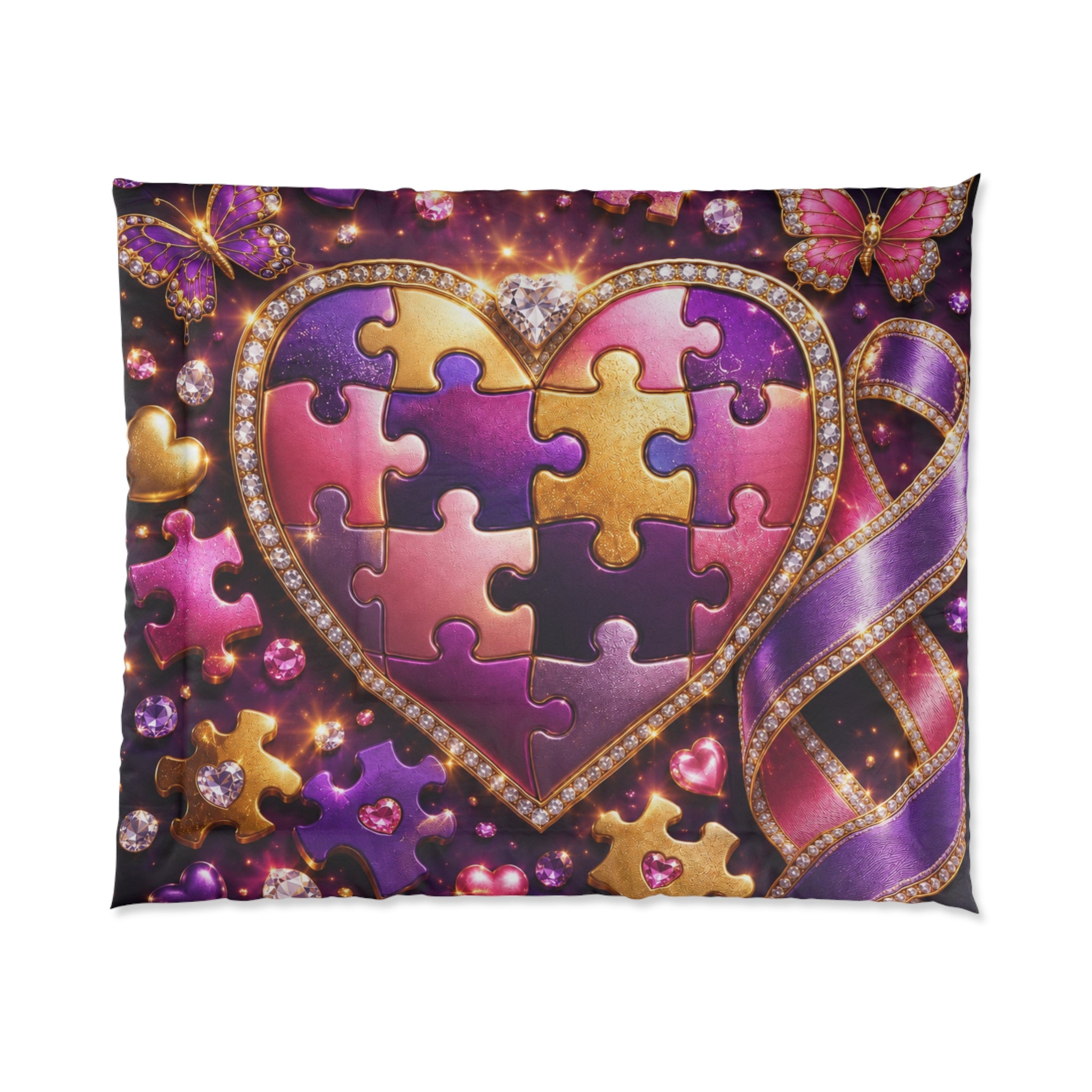 Puzzle Heart Comforter — Purple Autism Awareness Love Bedspread