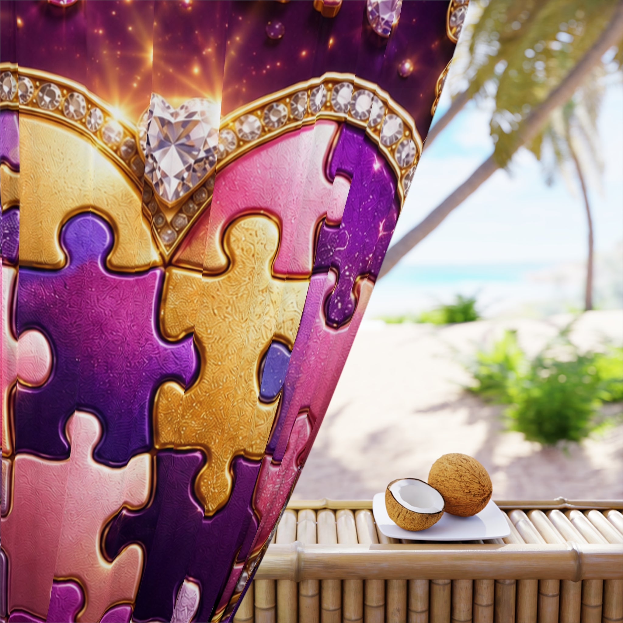 Heart Puzzle Curtain - Purple Pink Gold Window Panel