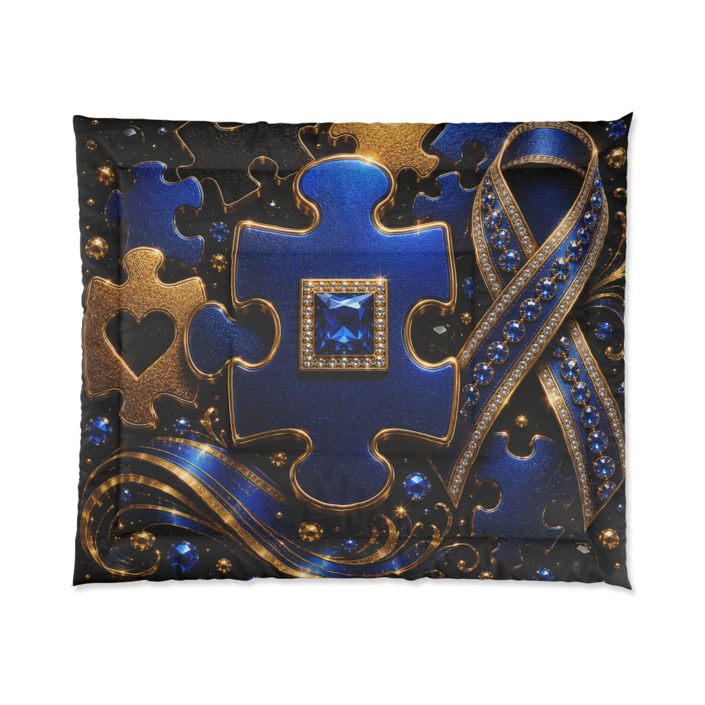 Autism Awareness Puzzle Ribbon Comforter - Blue & Gold Decorative Bed Blanket