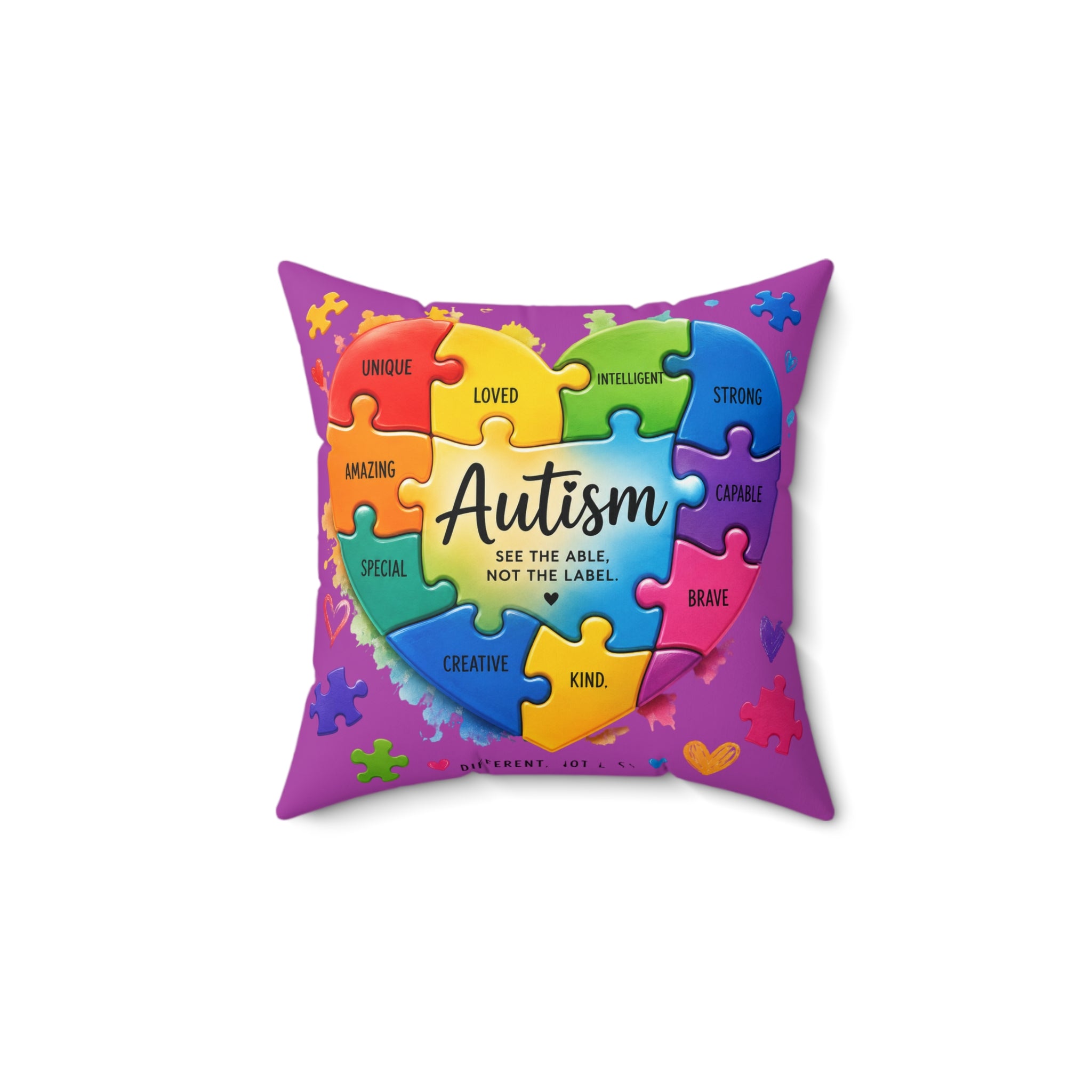Autism Awareness Puzzle Heart Pillow — "See the Able, Not the Label" Spun Polyester Cushion