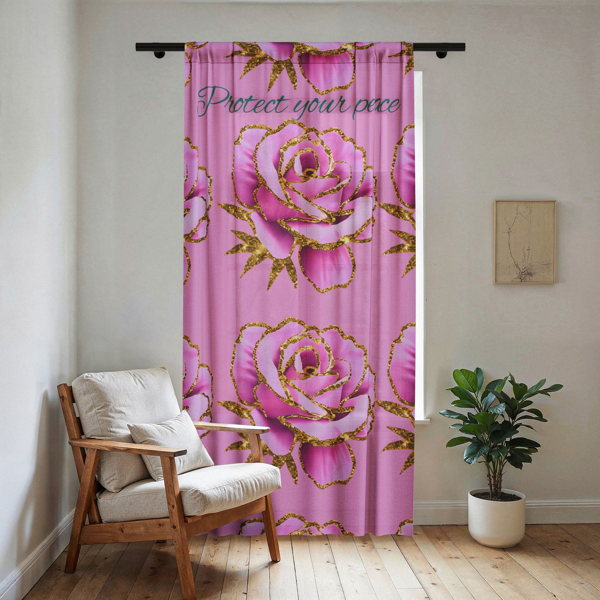Sheer Window Curtain — "Protect Your Peace" Pink Rose Sheer Panel