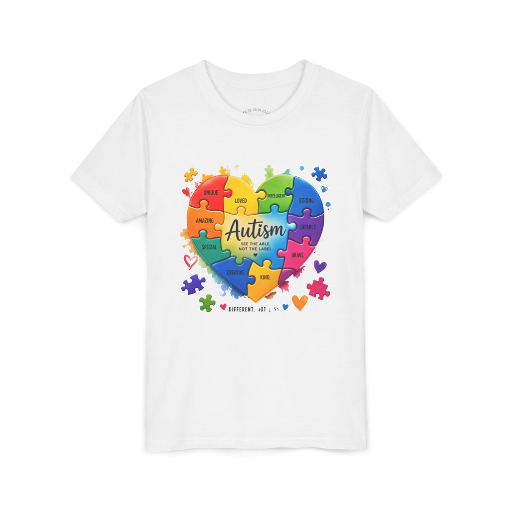 Autism Puzzle Heart Youth Tee — “Different Minds, Beautiful Hearts” Awareness Shirt