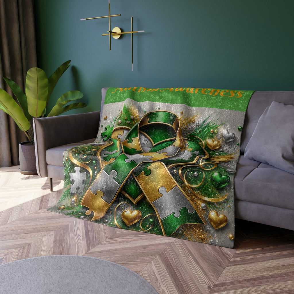 Autism Awareness Crushed Velvet Blanket — Green & Gold Puzzle Ribbon Throw