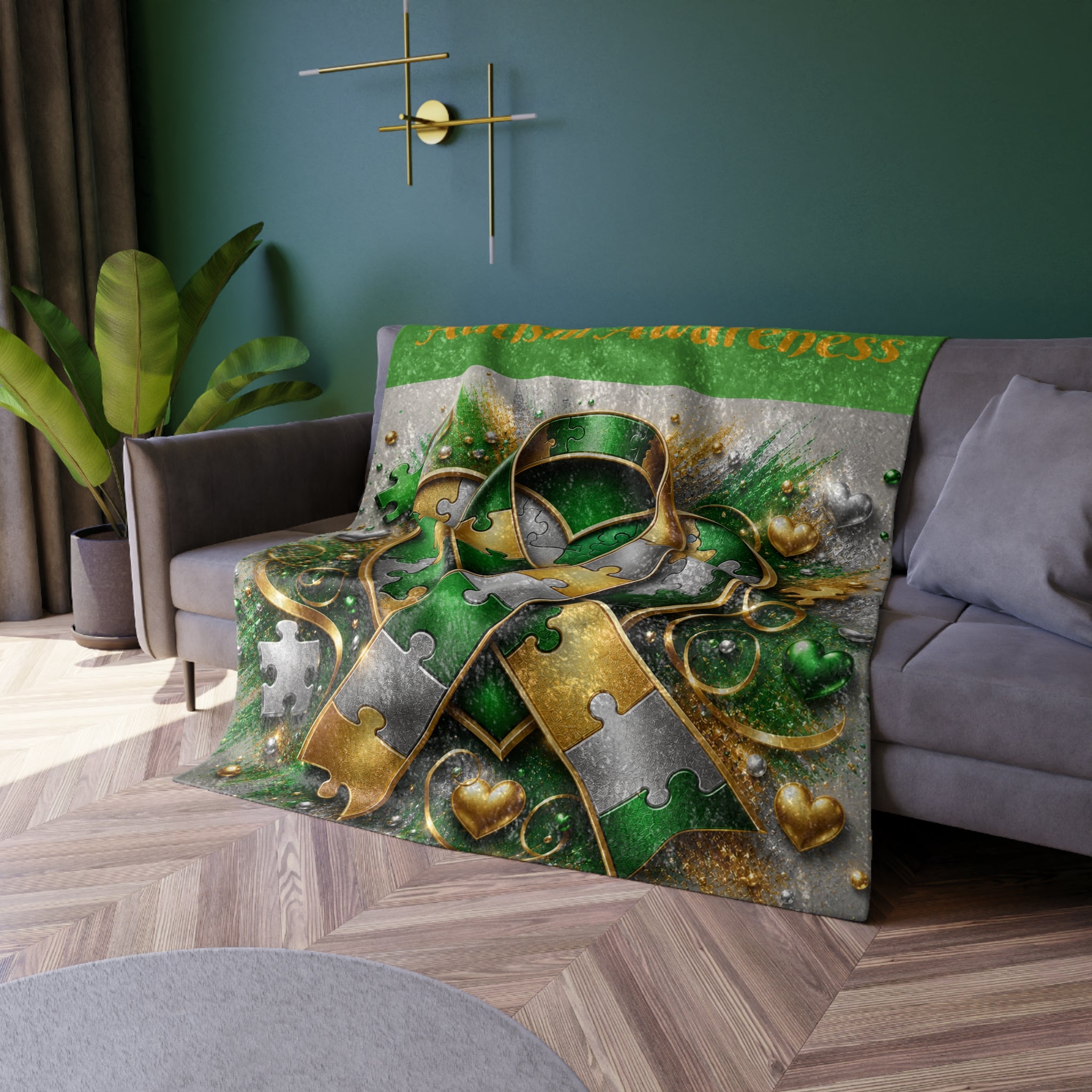 Autism Awareness Crushed Velvet Blanket — Green & Gold Puzzle Ribbon Throw