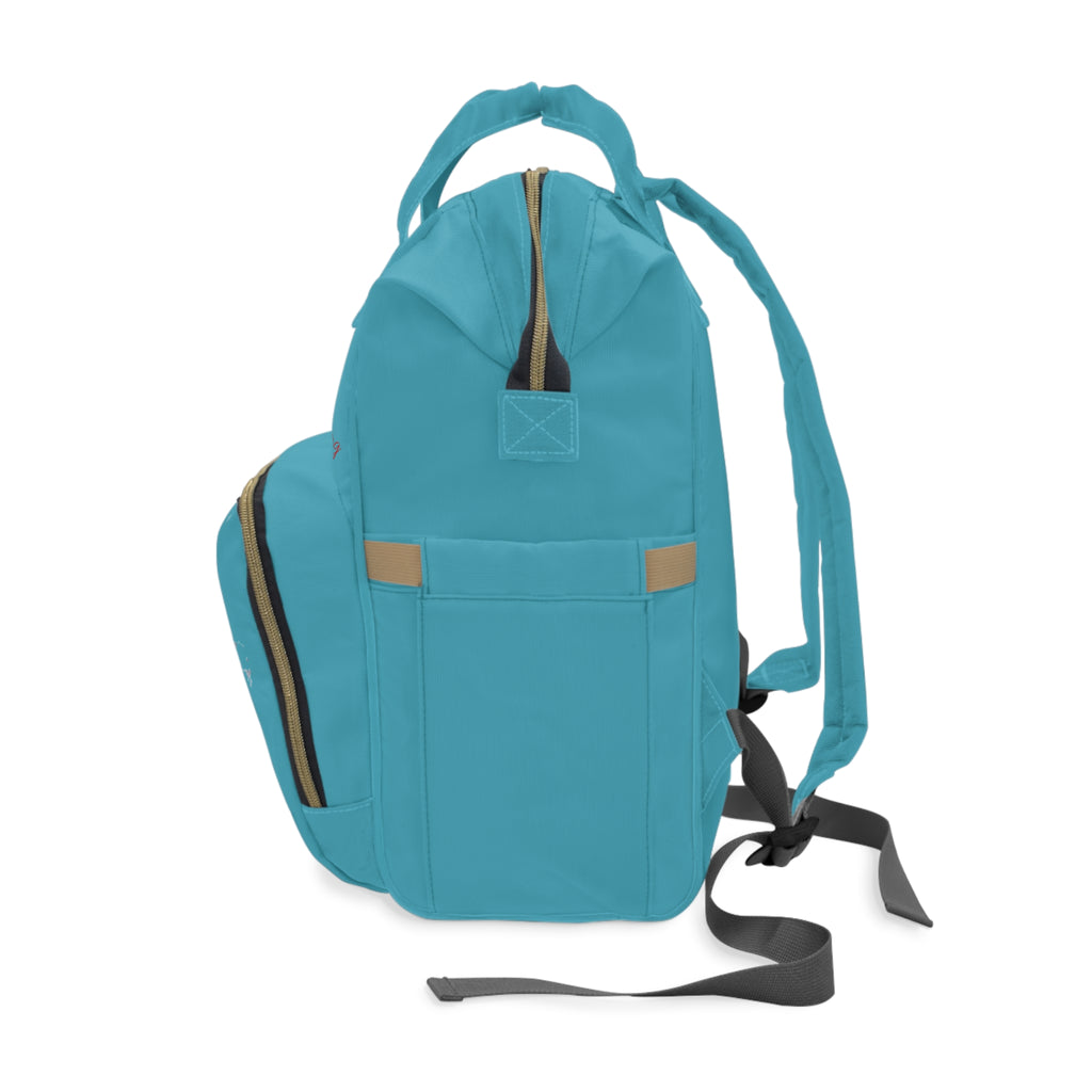 Turquoise Diaper Backpack — Insulated Front Pocket with Fruit Splash Design & "I keep my cup filled and overflowing" Text