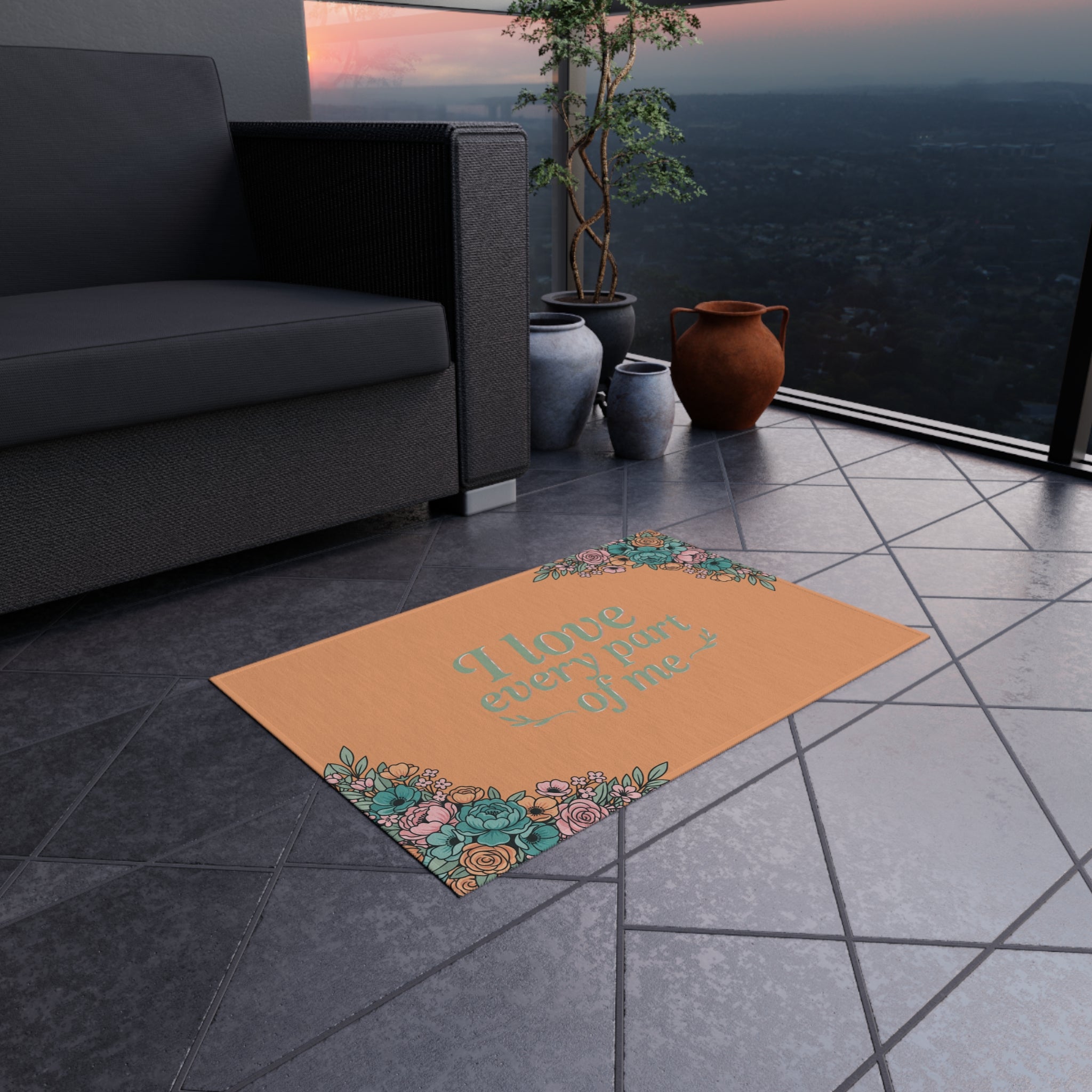 I Love Every Part Of Me Floral Outdoor Rug