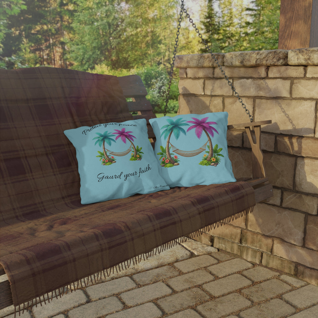 Outdoor Pillow — 'Protect Your Peace, Guard Your Faith' Tropical Palm Hammock Decorative Pillow