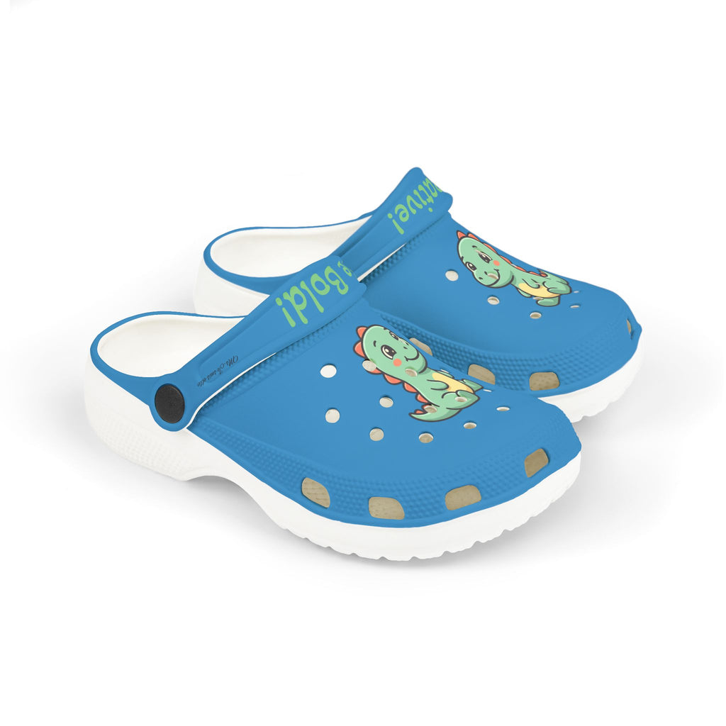 Kids Blue Dino Clogs — 'Be Creative! Be Bold!' EVA Foam Slip-Ons