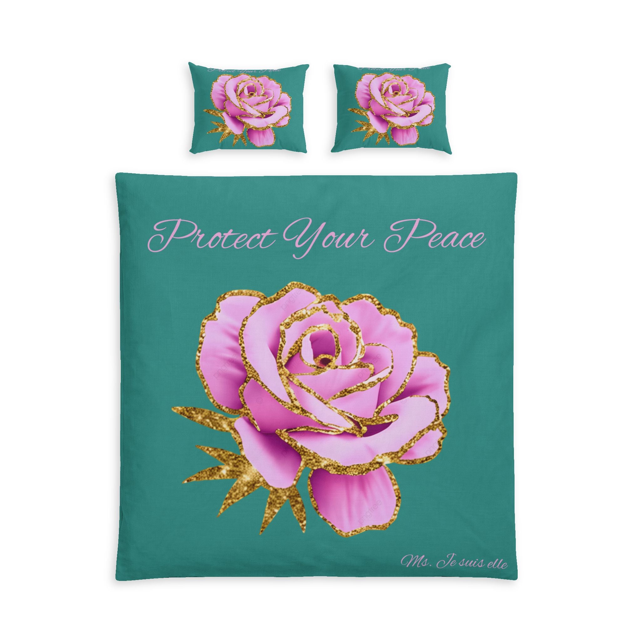 Protect Your Peace rose duvet cover Cotton Bed Set | floral bedding, teal pink gold