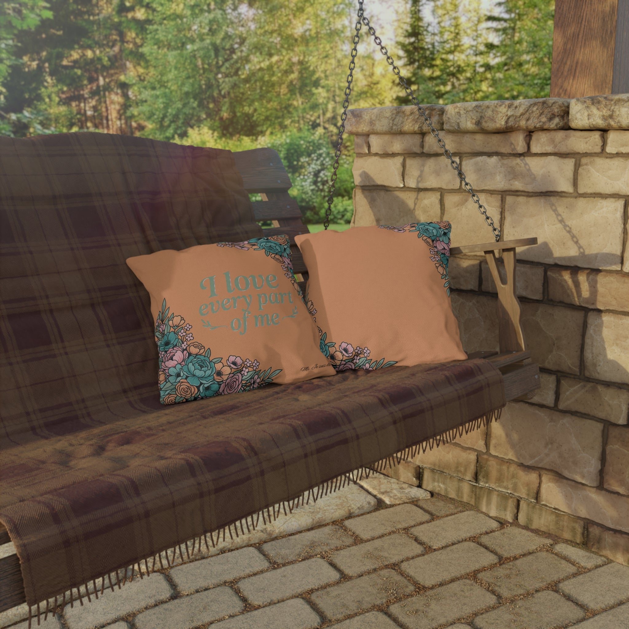 Outdoor Pillow - "I Love Every Part of Me" Floral Patio Cushion