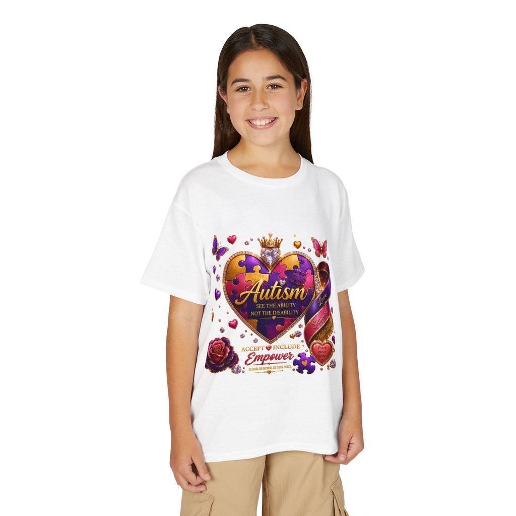 Autism Awareness Youth T-Shirt – 'Autism: The Ability Not The Disability' Purple Heart Design