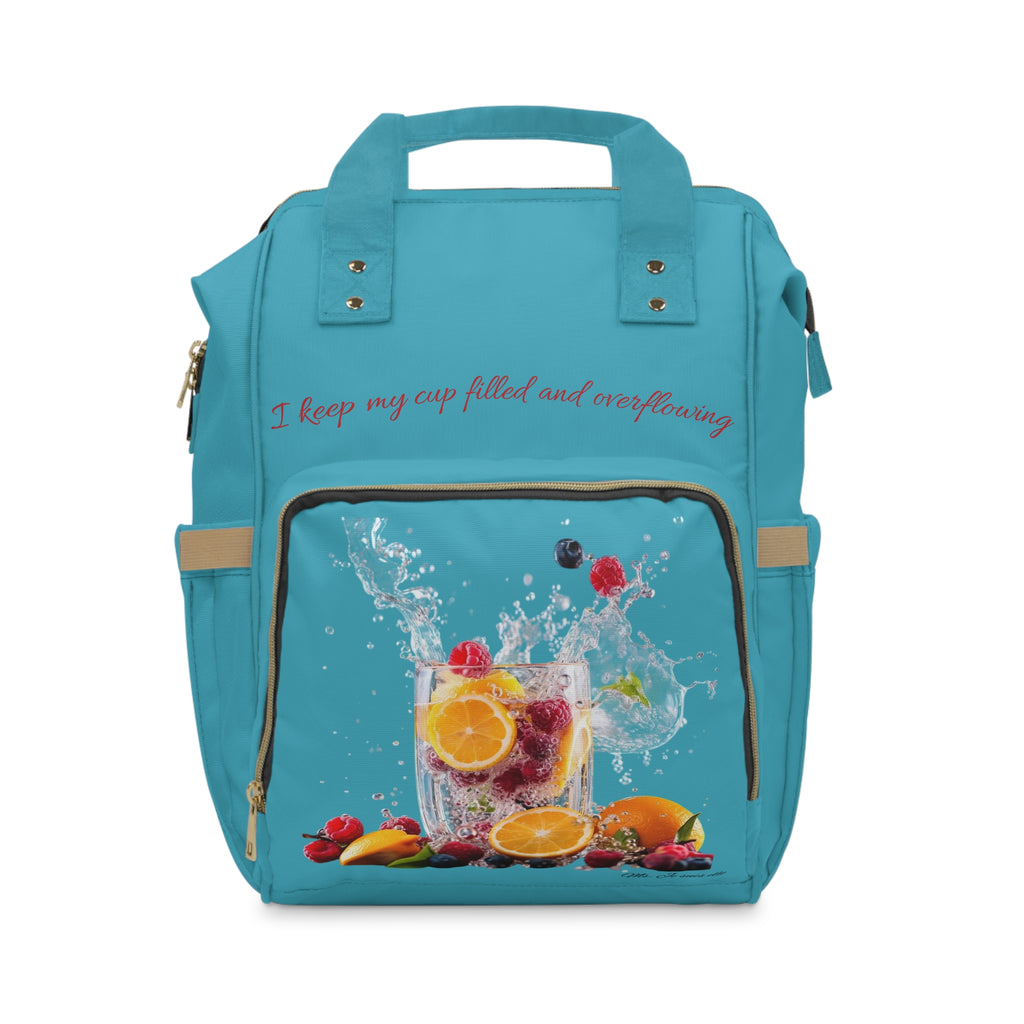 Turquoise Diaper Backpack — Insulated Front Pocket with Fruit Splash Design & "I keep my cup filled and overflowing" Text
