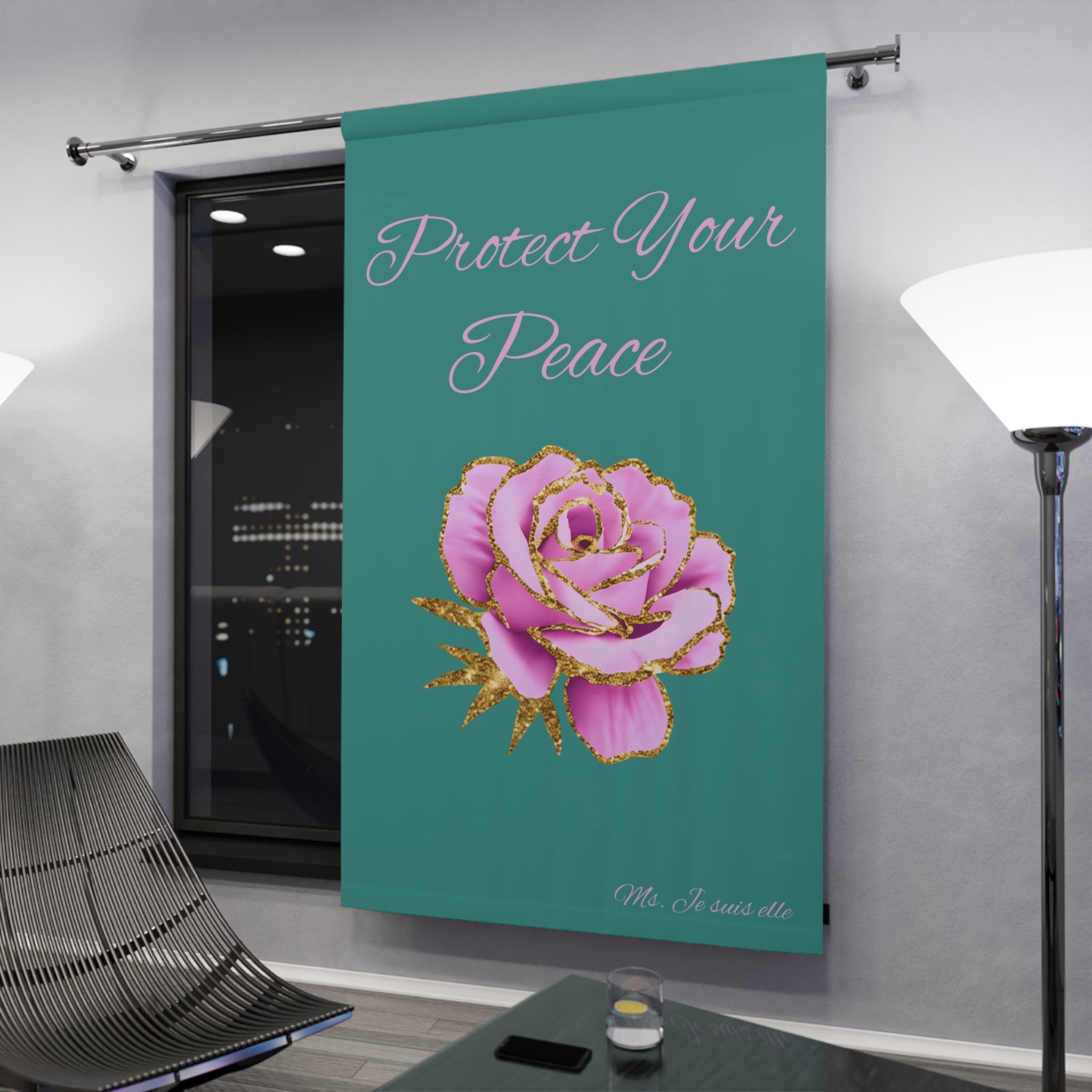 Protect Your Peace Window Curtain | Pink Rose Teal Panel