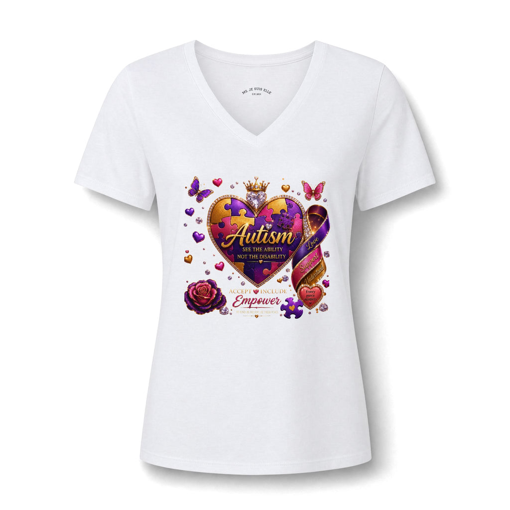 Autism Awareness Heart V-Neck Tee — Empower, Support & Celebrate
