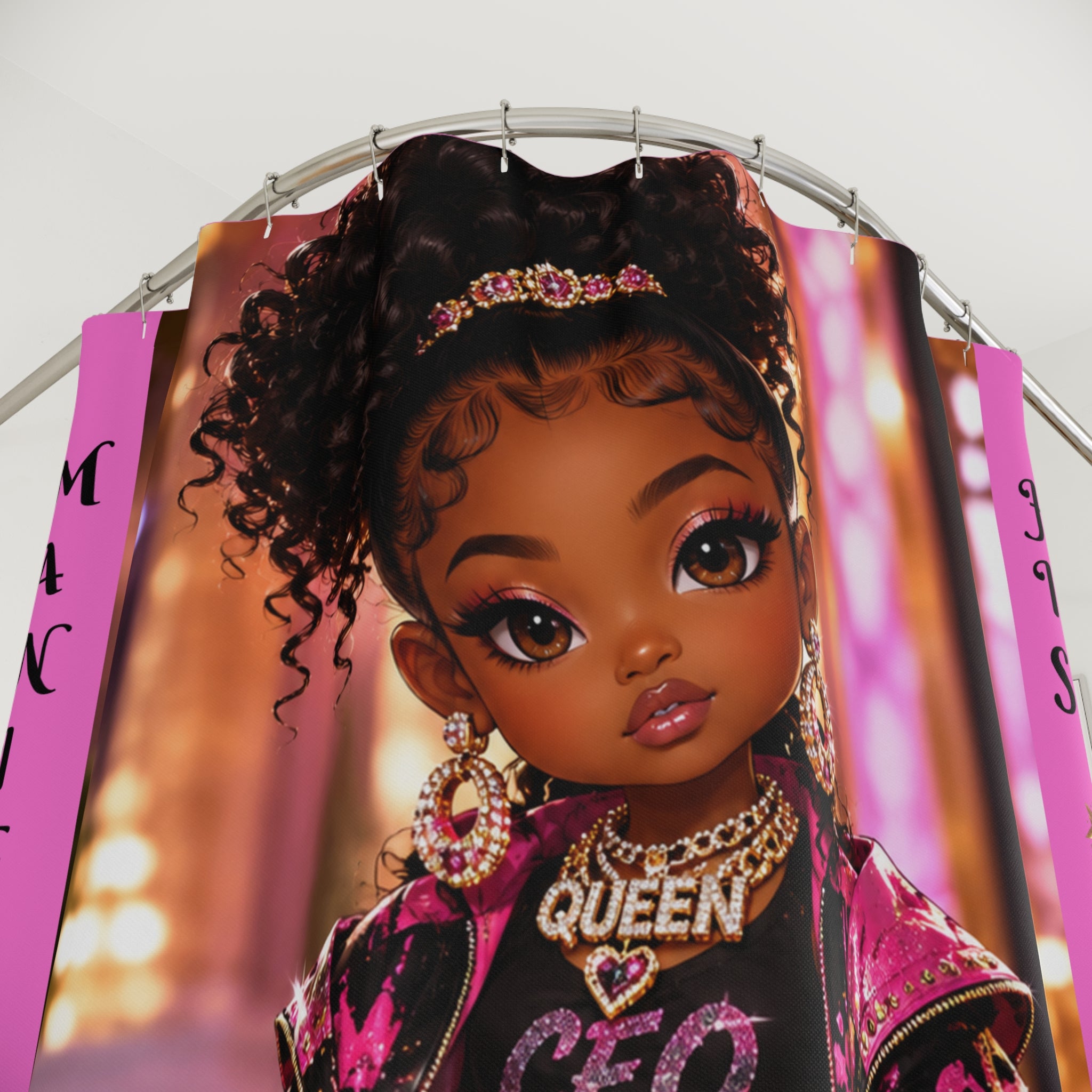 Queen CEO Girl Shower Curtain — "Manifest in His Glory" Urban Doll Bathroom Decor