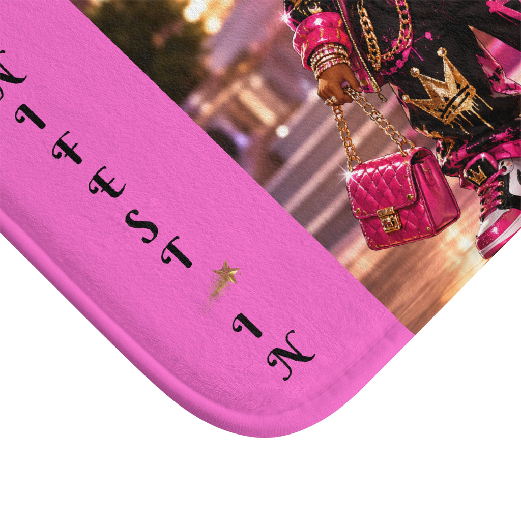 Pink 'Manifest In His Glory' Bath Mat — Cute Afro Girl Glam Bathroom Rug