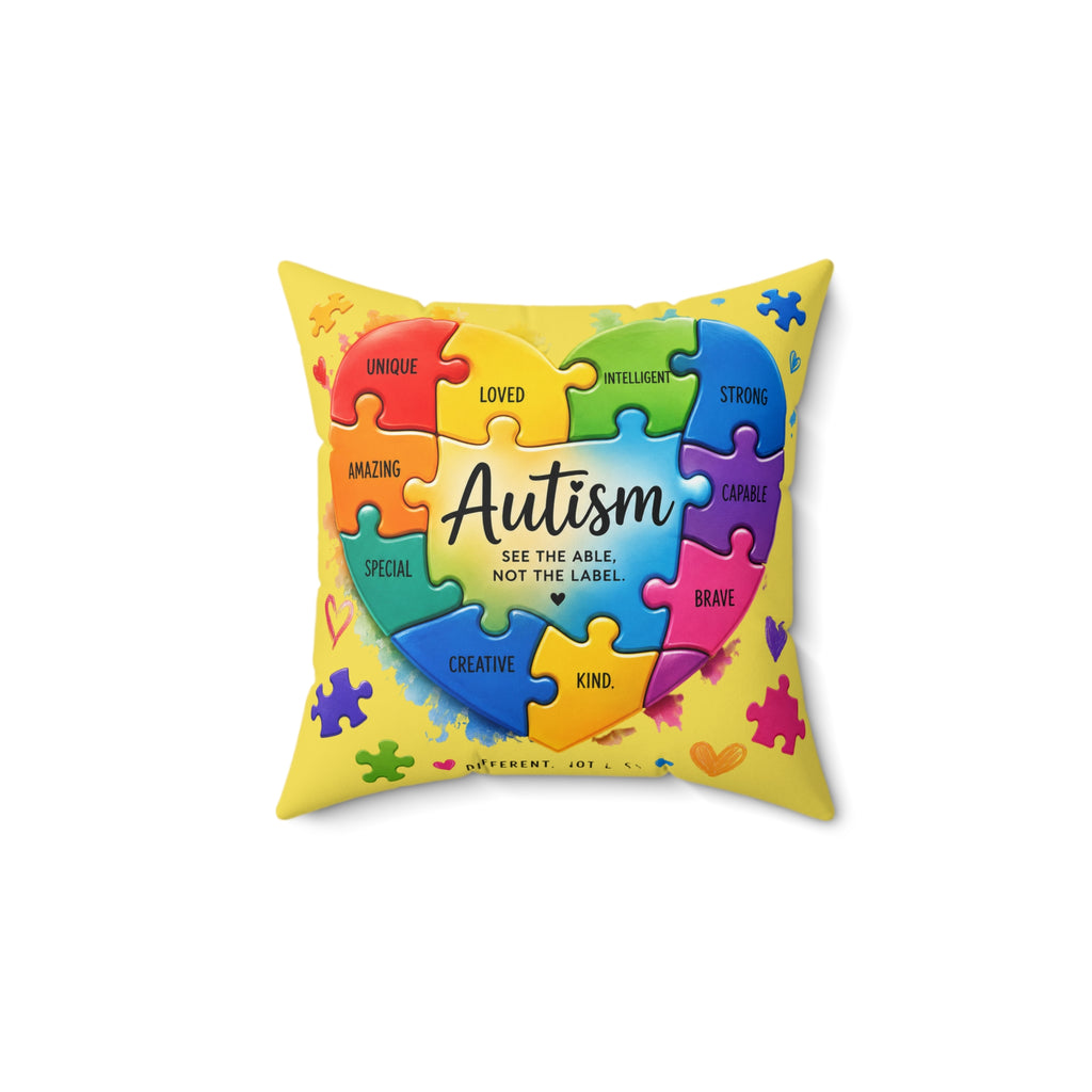 Autism Awareness Puzzle Heart Pillow — "See the Able, Not the Label" Square Throw Pillow