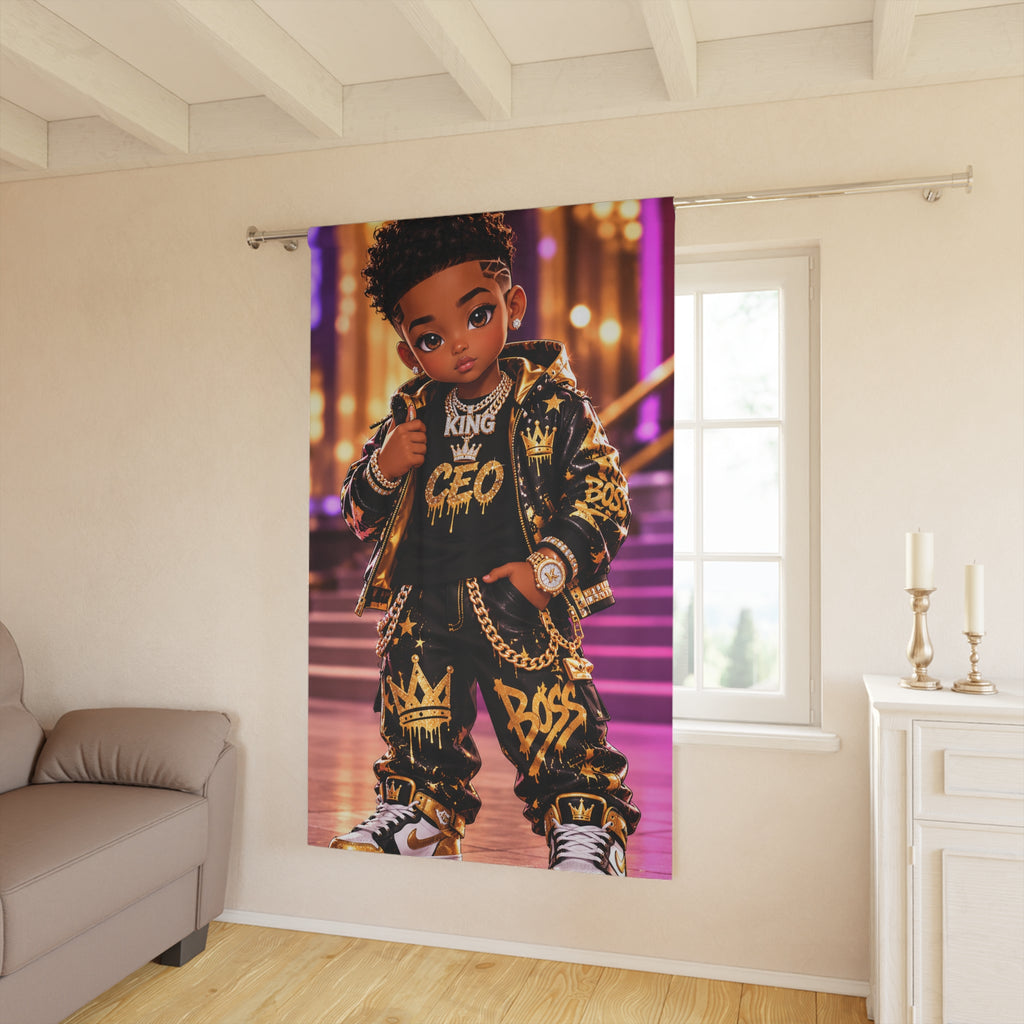 Kids' Black & Gold 'King CEO' Curtain – Urban Streetwear Window Panel