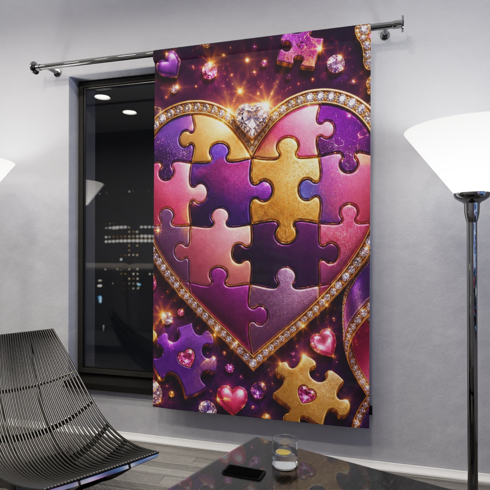 Heart Puzzle Curtain - Purple Pink Gold Window Panel