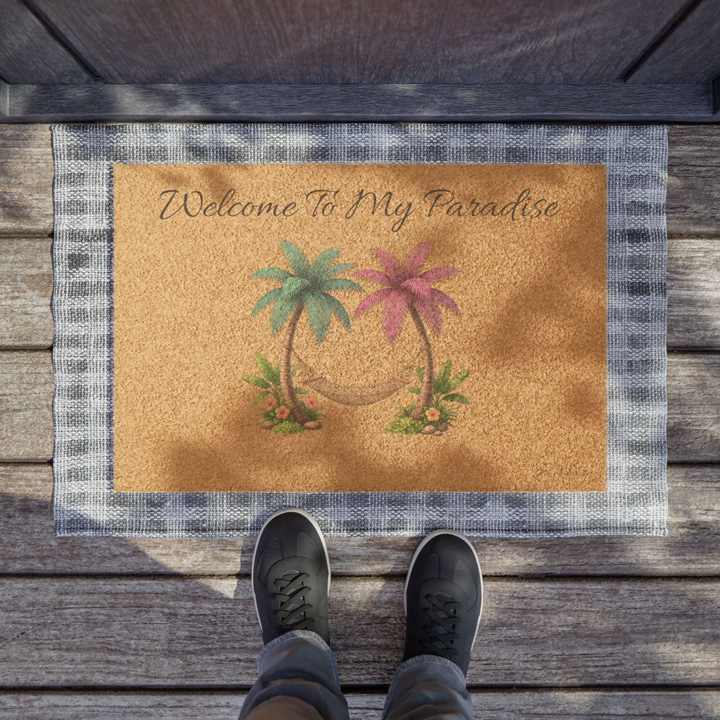 Welcome To My Paradise Doormat — Tropical Palm Tree Coir Welcome Mat