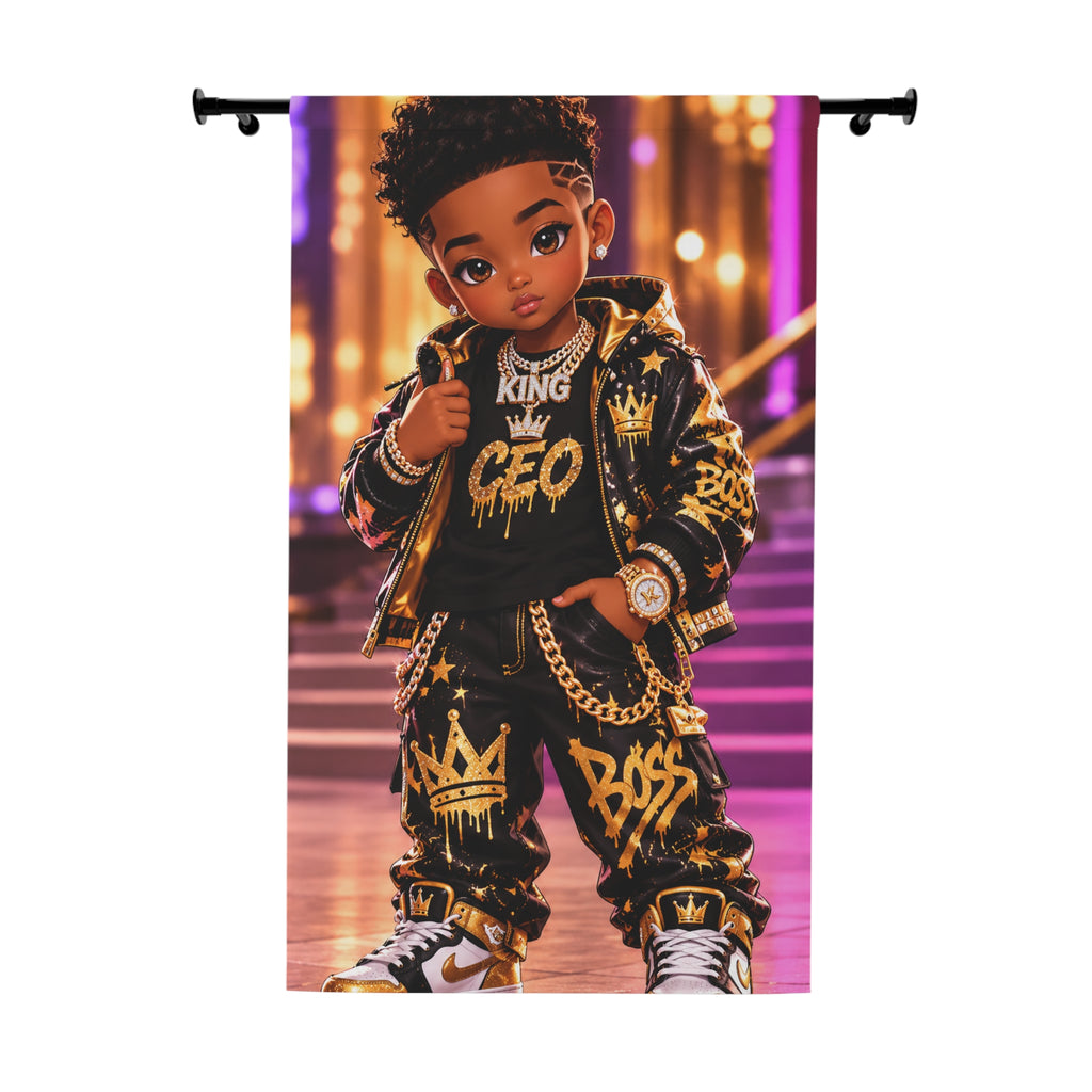 Kids' Black & Gold 'King CEO' Curtain – Urban Streetwear Window Panel