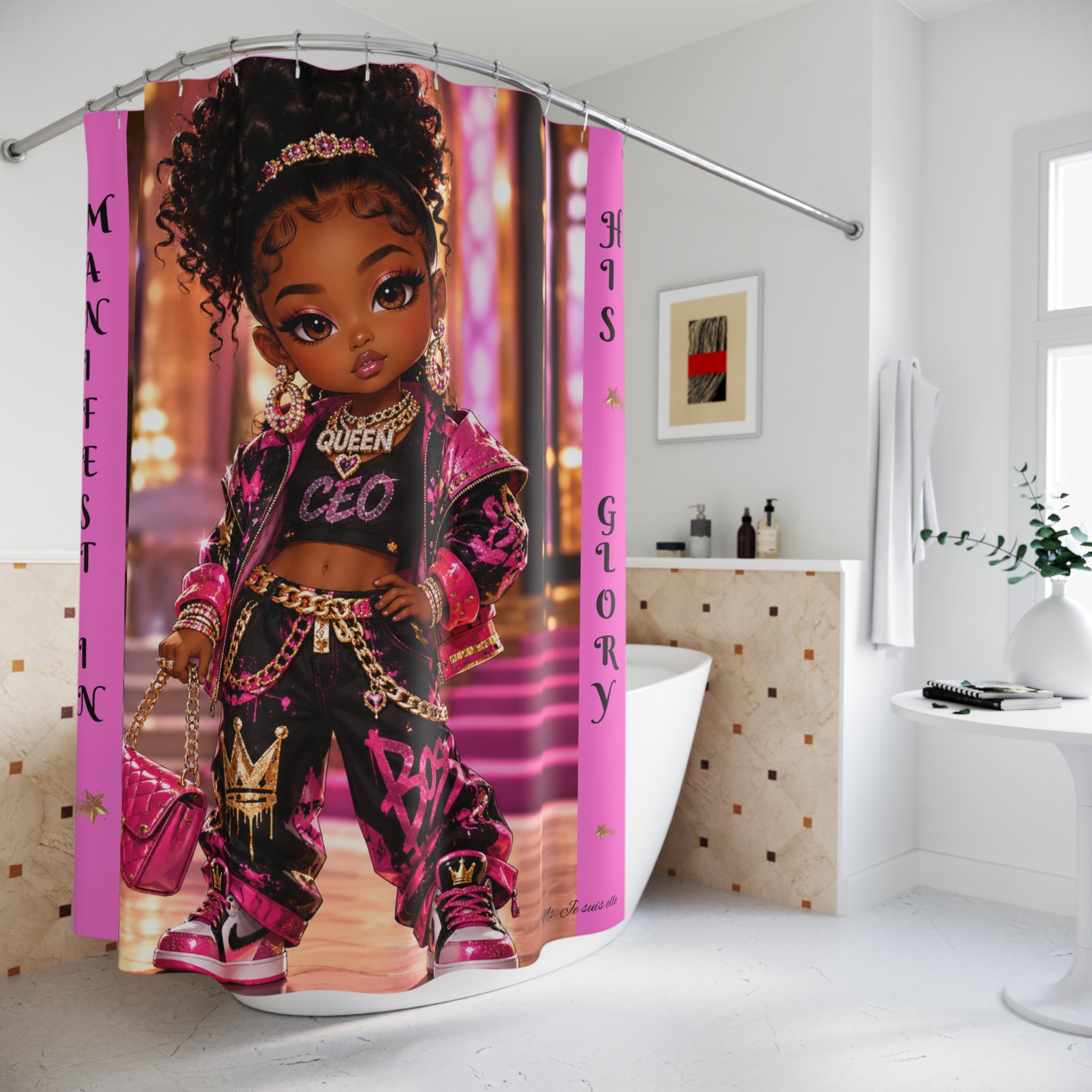 Queen CEO Girl Shower Curtain — "Manifest in His Glory" Urban Doll Bathroom Decor