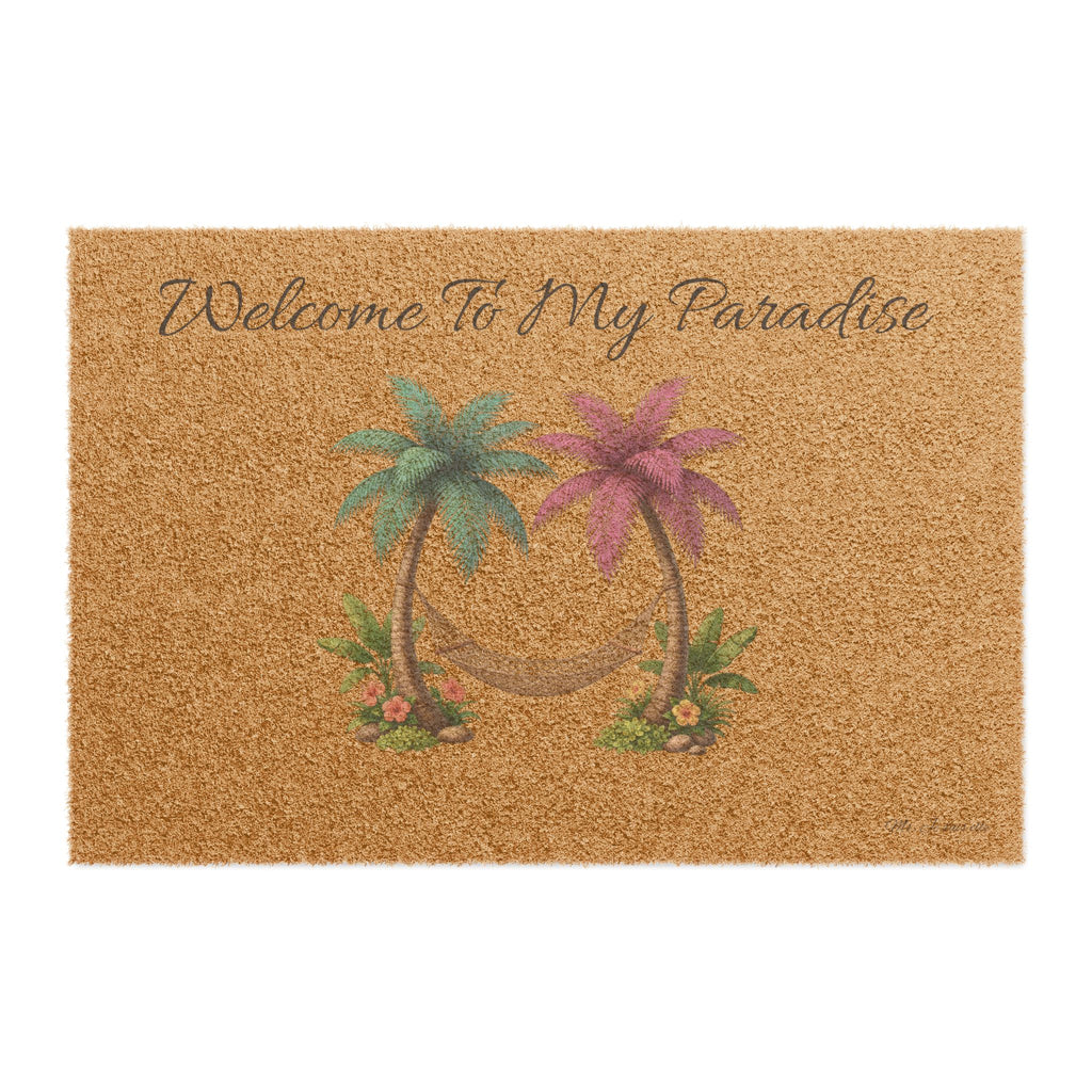 Welcome To My Paradise Doormat — Tropical Palm Tree Coir Welcome Mat