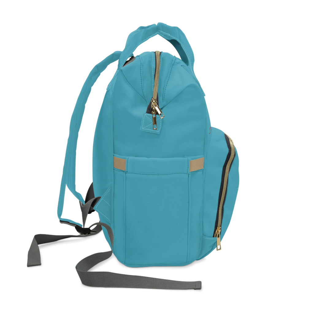 Turquoise Diaper Backpack — Insulated Front Pocket with Fruit Splash Design & "I keep my cup filled and overflowing" Text