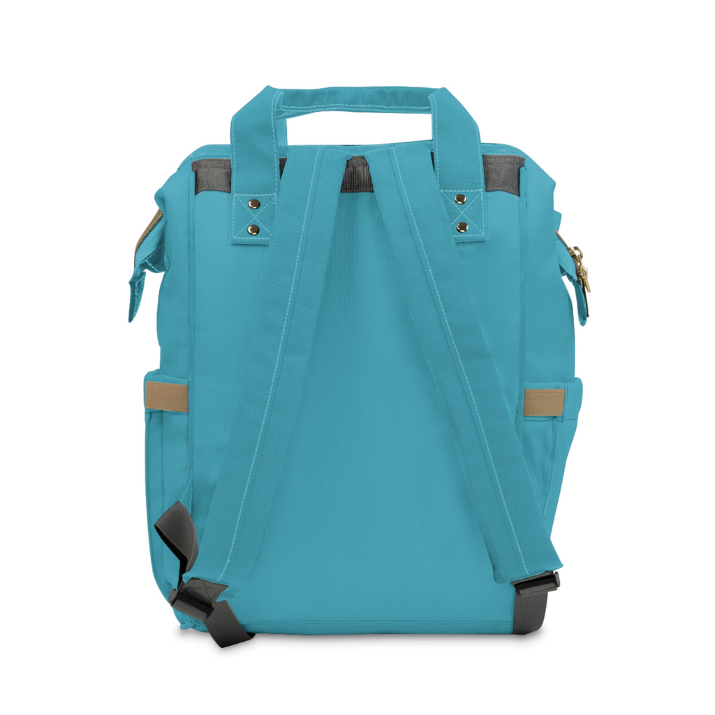 Turquoise Diaper Backpack — Insulated Front Pocket with Fruit Splash Design & "I keep my cup filled and overflowing" Text
