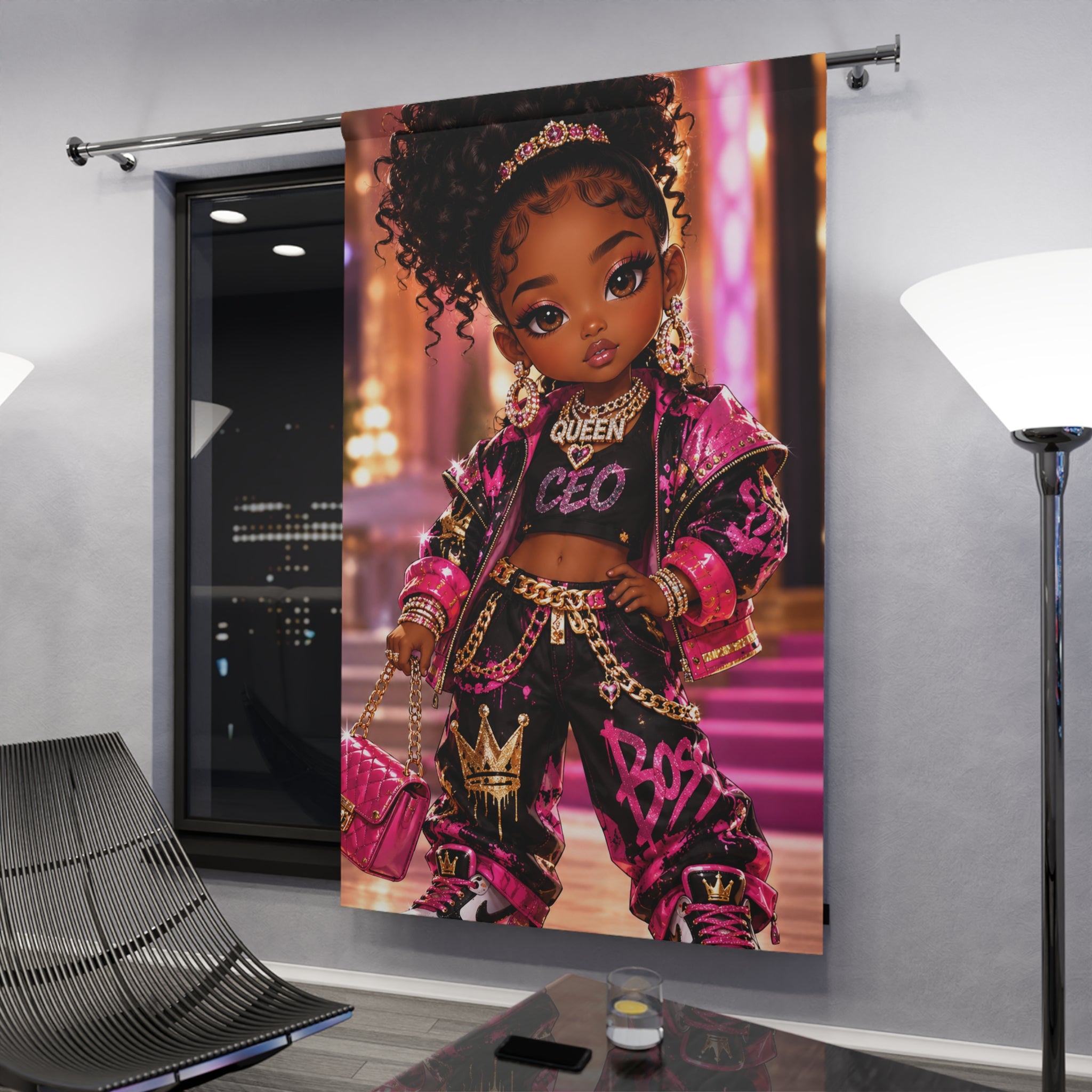 Queen CEO Girl Curtain — Chic Urban Doll Window Panel for Kids’ Room