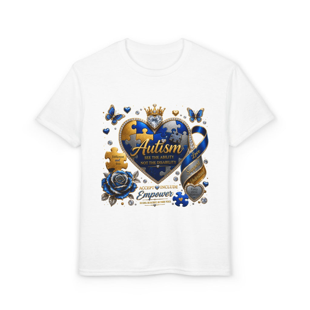 Autism Awareness Youth T-Shirt — Blue Gold Puzzle Heart Support Tee