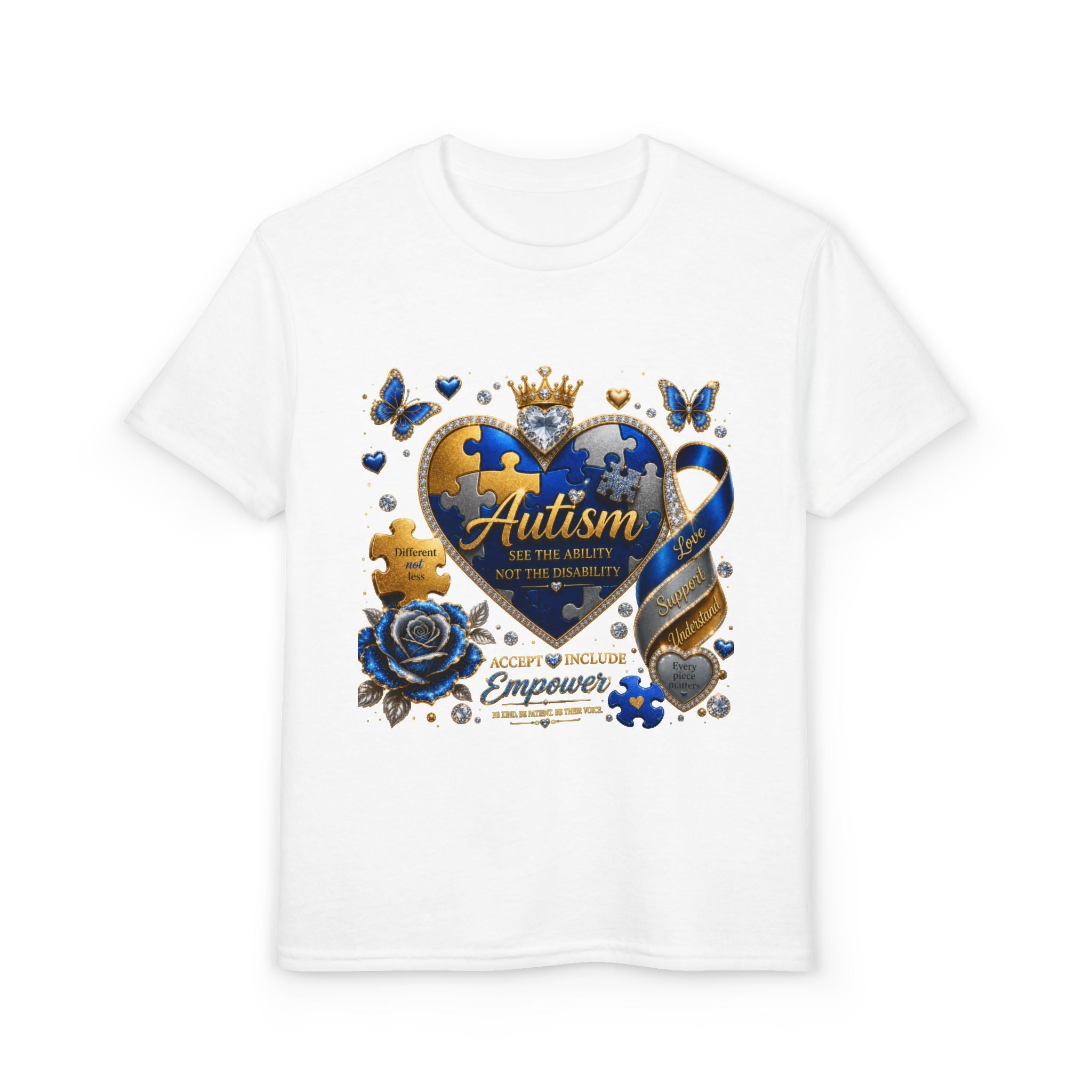 Autism Awareness Youth T-Shirt — Blue Gold Puzzle Heart Support Tee