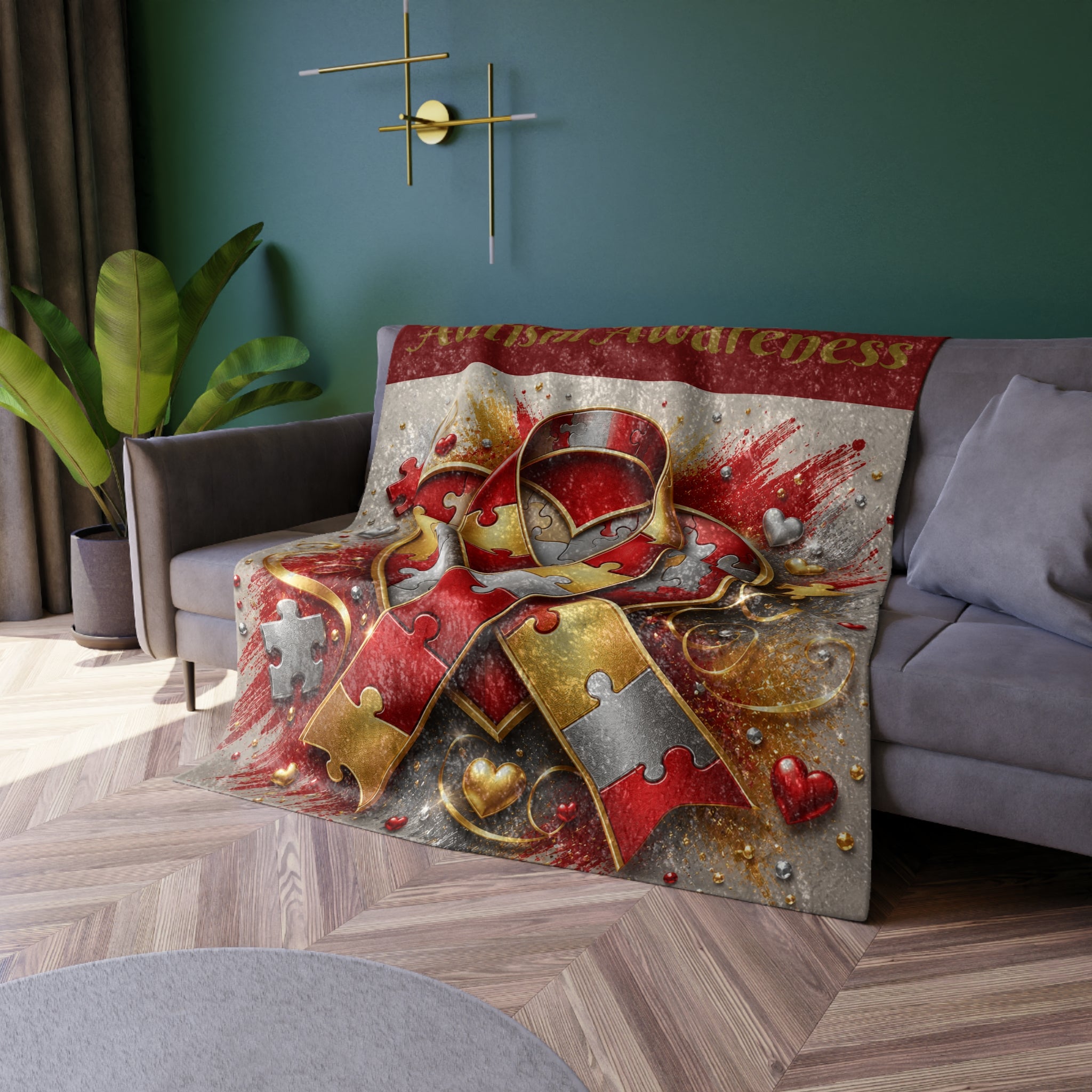 Autism Awareness Crushed Velvet Blanket — Puzzle Ribbon Heart Design