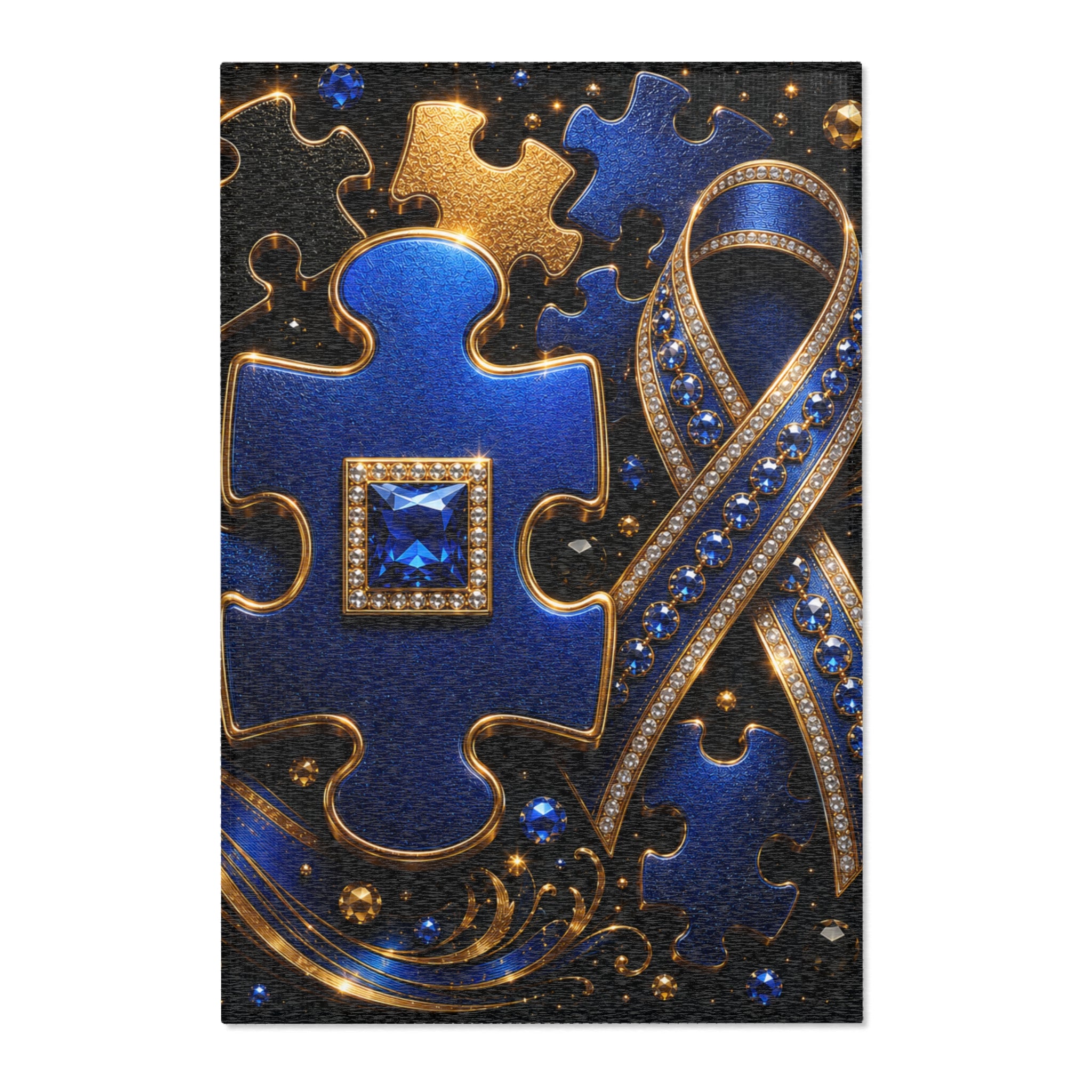 Autism Awareness Area Rug — Blue & Gold Puzzle Piece Ribbon Design