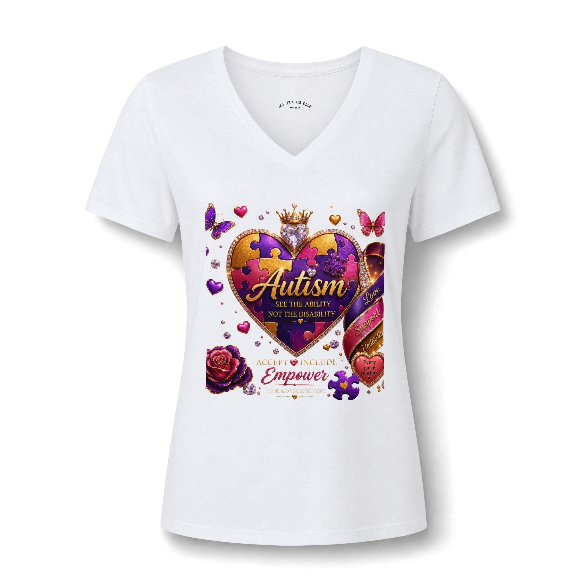 Autism Awareness Heart V-Neck Tee — Empower, Support & Celebrate