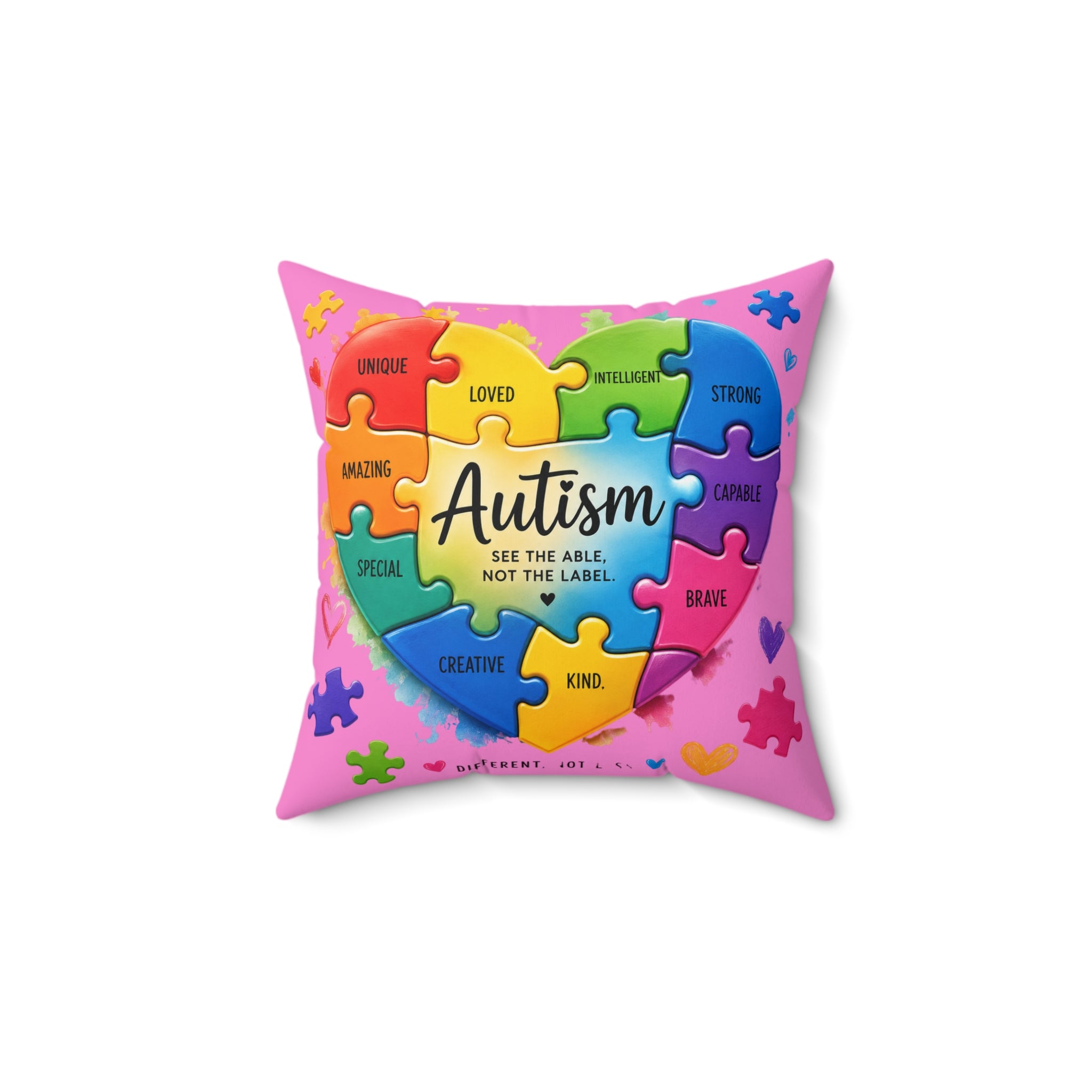Autism Puzzle Heart Pillow — "See the Able, Not the Label" Decorative Throw Pillow