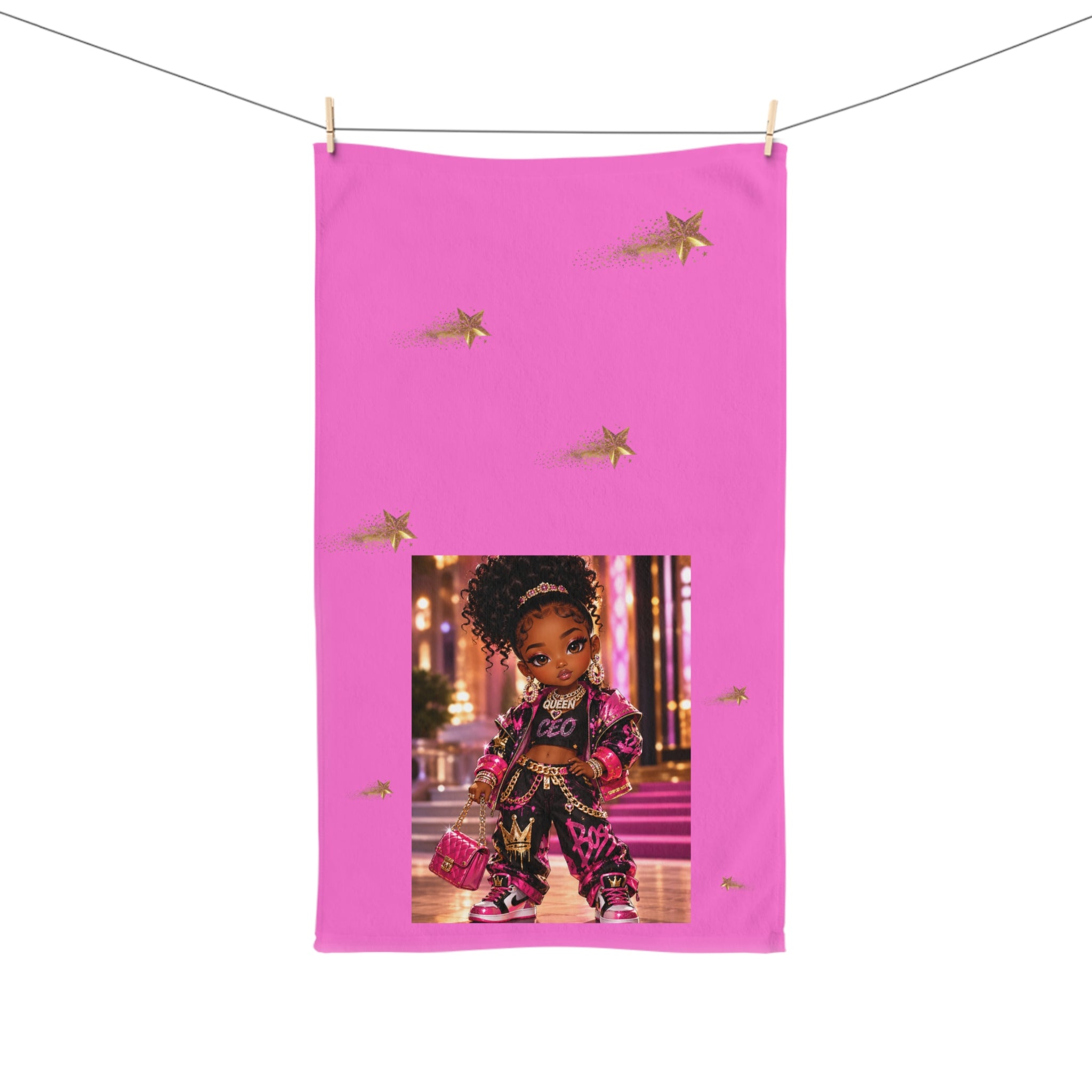 Pink Glitter Diva Hand Towel — Cute Stylish Girl Design with Gold Stars