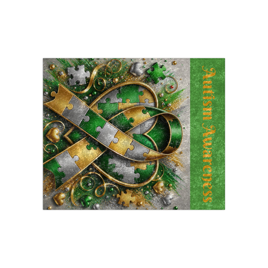 Autism Awareness Crushed Velvet Blanket — Green & Gold Puzzle Ribbon Throw
