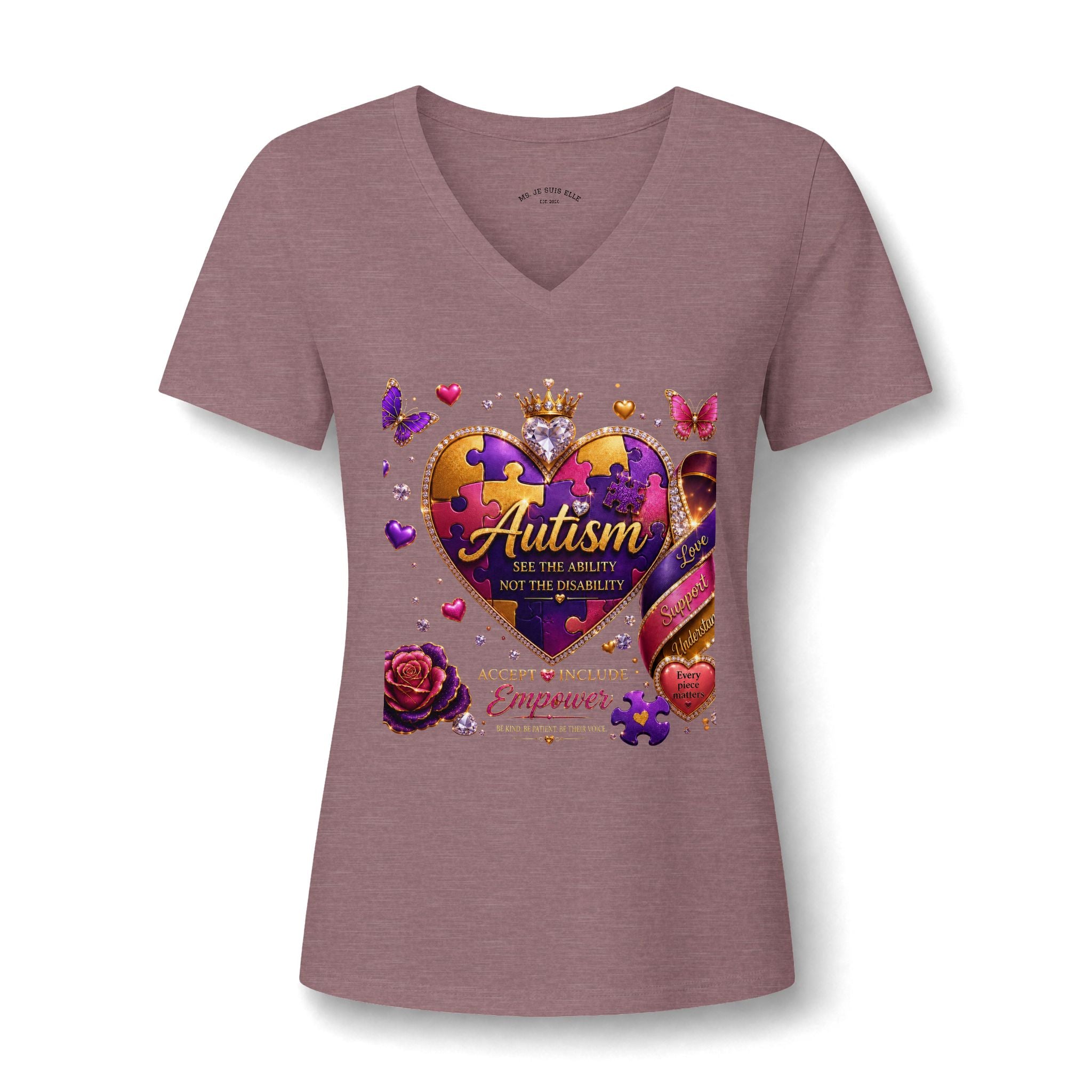 Autism Awareness Heart V-Neck Tee — Empower, Support & Celebrate