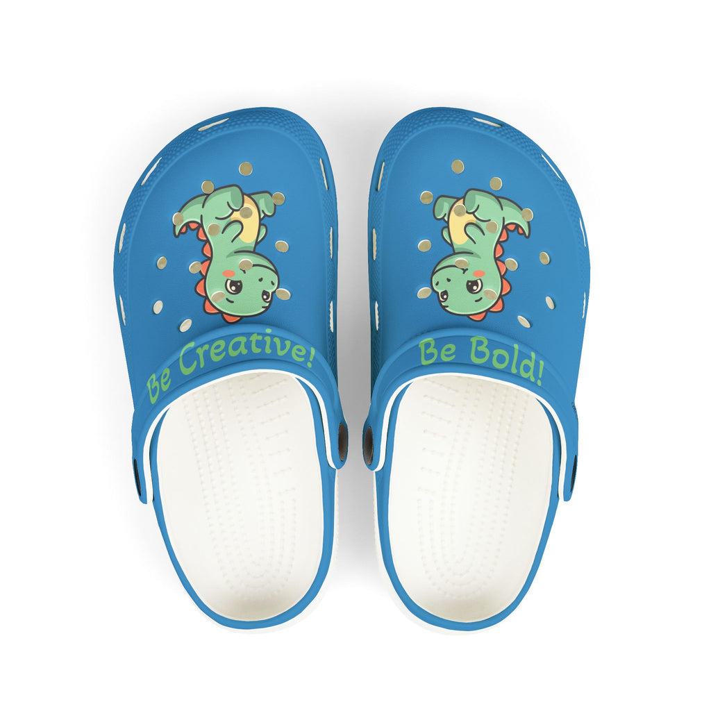 Kids Blue Dino Clogs — 'Be Creative! Be Bold!' EVA Foam Slip-Ons