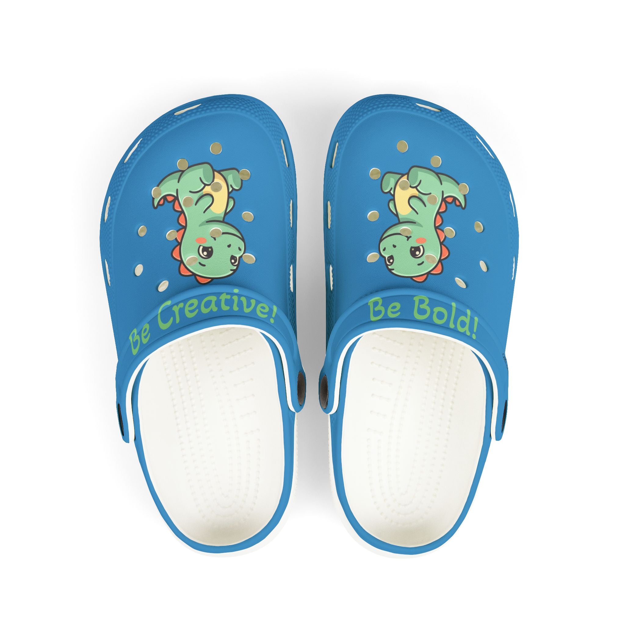 Kids Blue Dino Clogs — 'Be Creative! Be Bold!' EVA Foam Slip-Ons