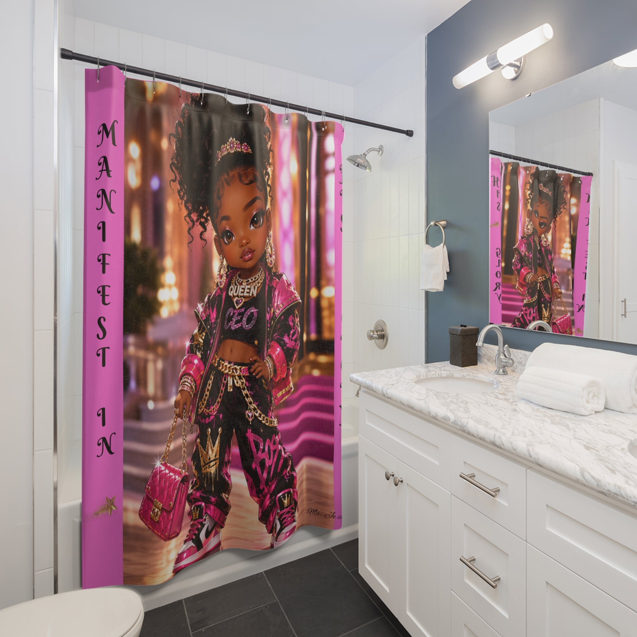 Queen CEO Girl Shower Curtain — "Manifest in His Glory" Urban Doll Bathroom Decor
