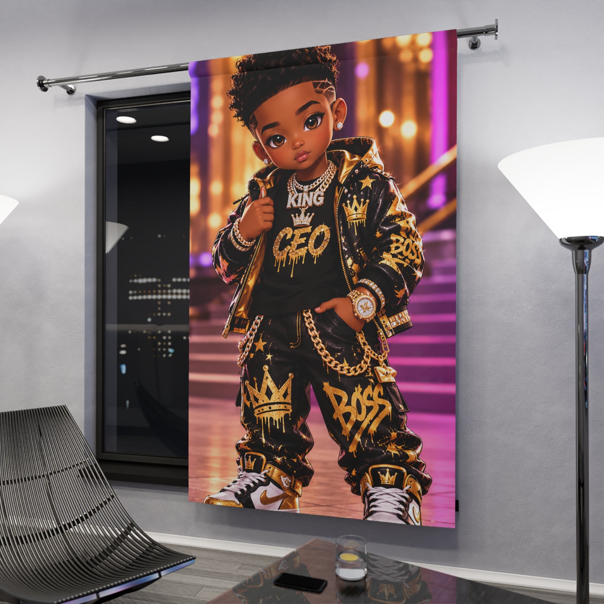 Kids' Black & Gold 'King CEO' Curtain – Urban Streetwear Window Panel