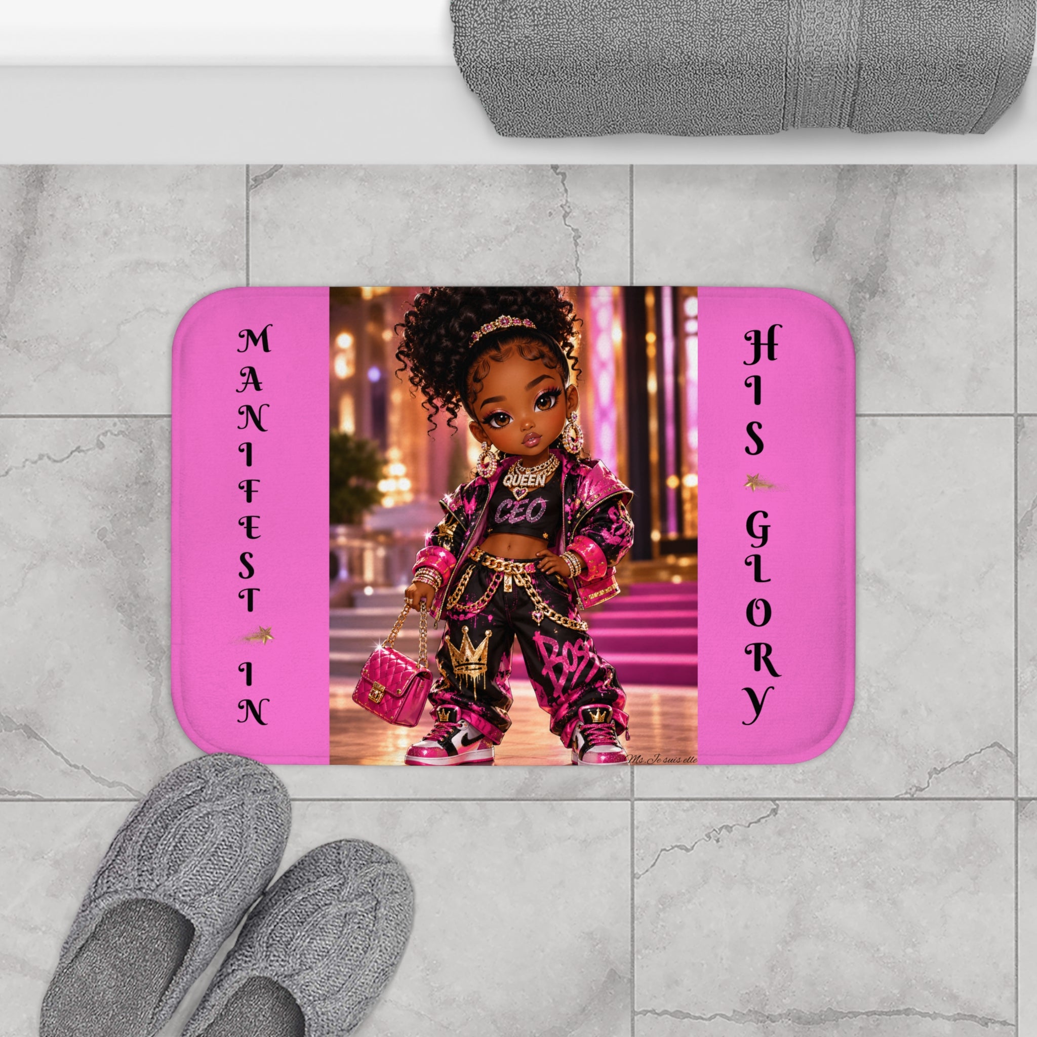 Pink 'Manifest In His Glory' Bath Mat — Cute Afro Girl Glam Bathroom Rug