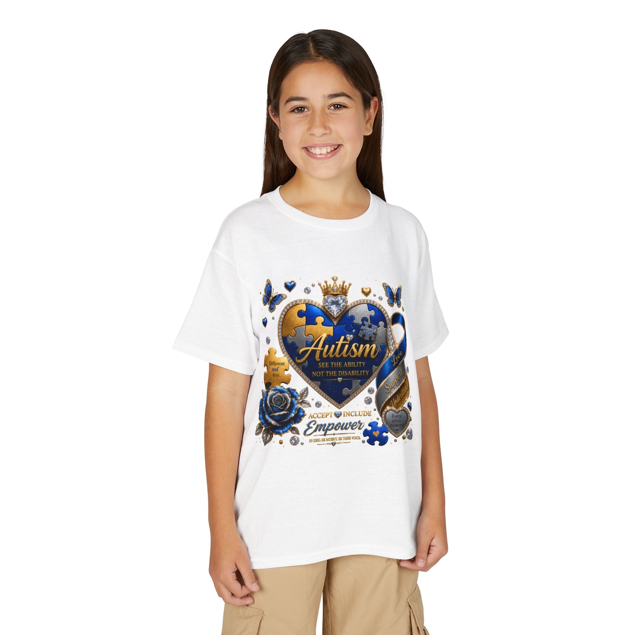 Autism Awareness Youth T-Shirt — Blue Gold Puzzle Heart Support Tee